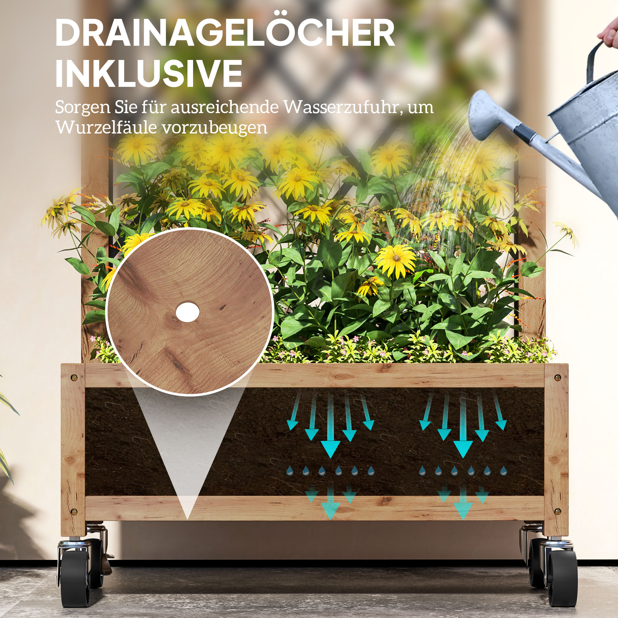 2er Set Hochbeet Pflanzkasten mit Rolle, Rankgitter, Spalier Pflanzkübel Blumenkasten Holz 52x25x97cm Braun