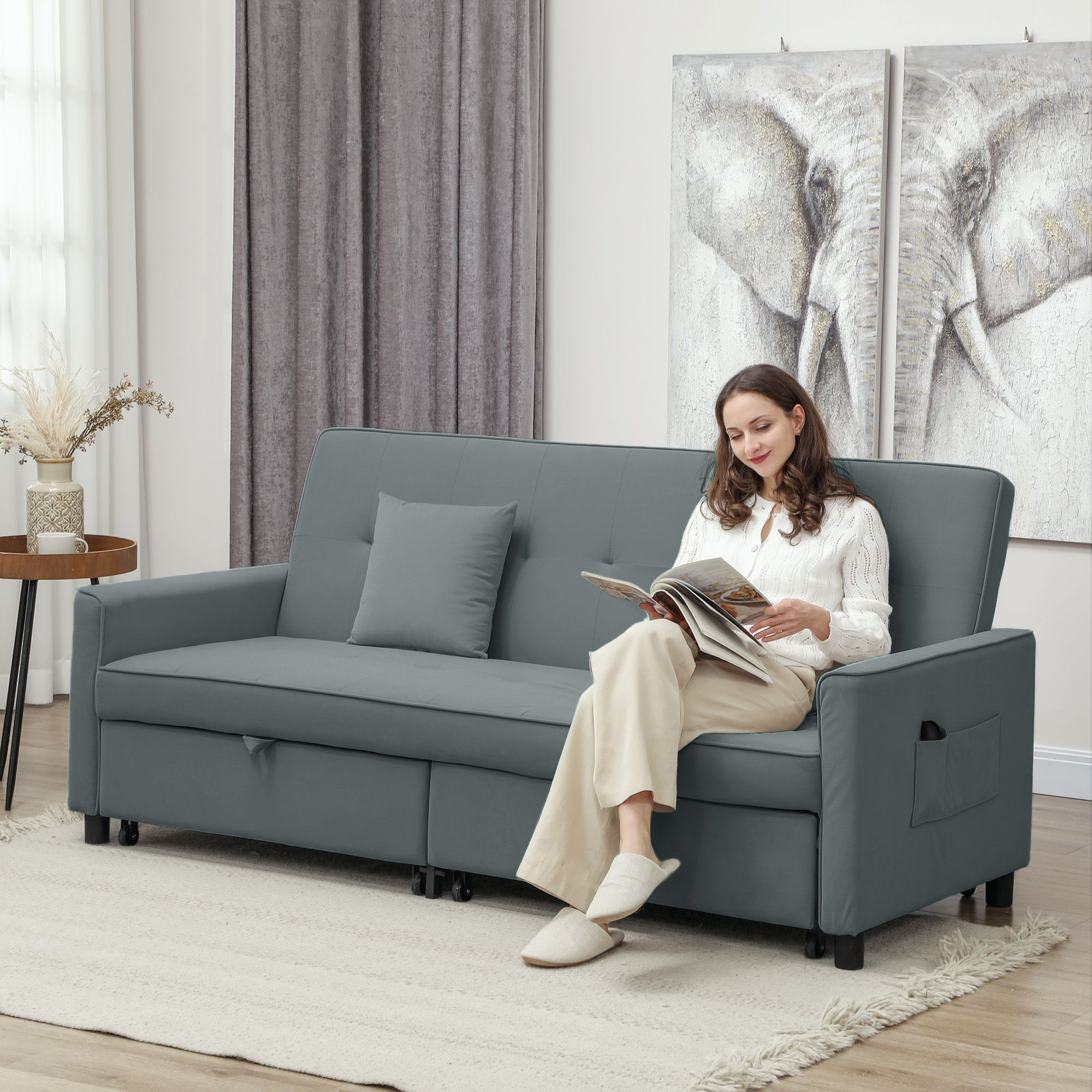 Sofabett, verstellbare 3-Sitzer-Couch mit Bettfunktion, Schlafsofa mit ausziehbarem Bett, Kissen, Grau