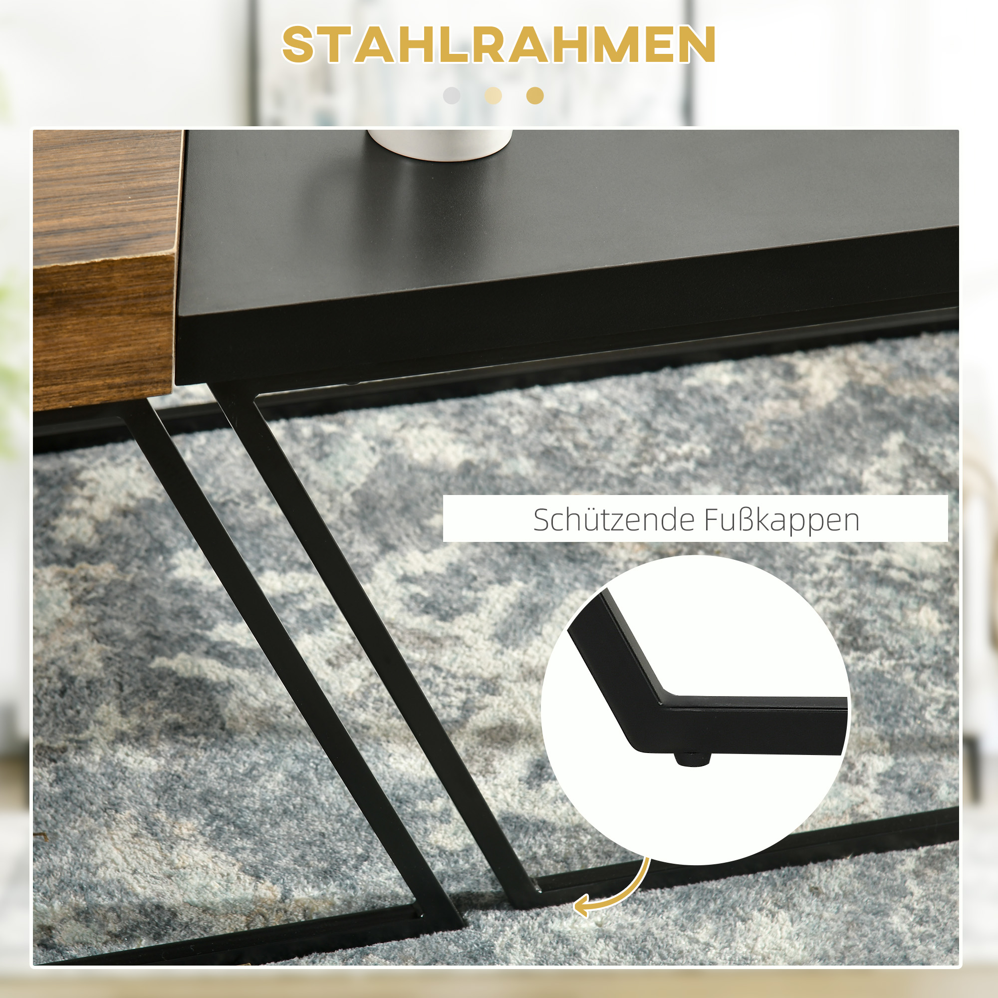 Couchtisch-Set, 2 Beistelltische, Industrial Design, Stahlrahmen, Holz/Schwarz
