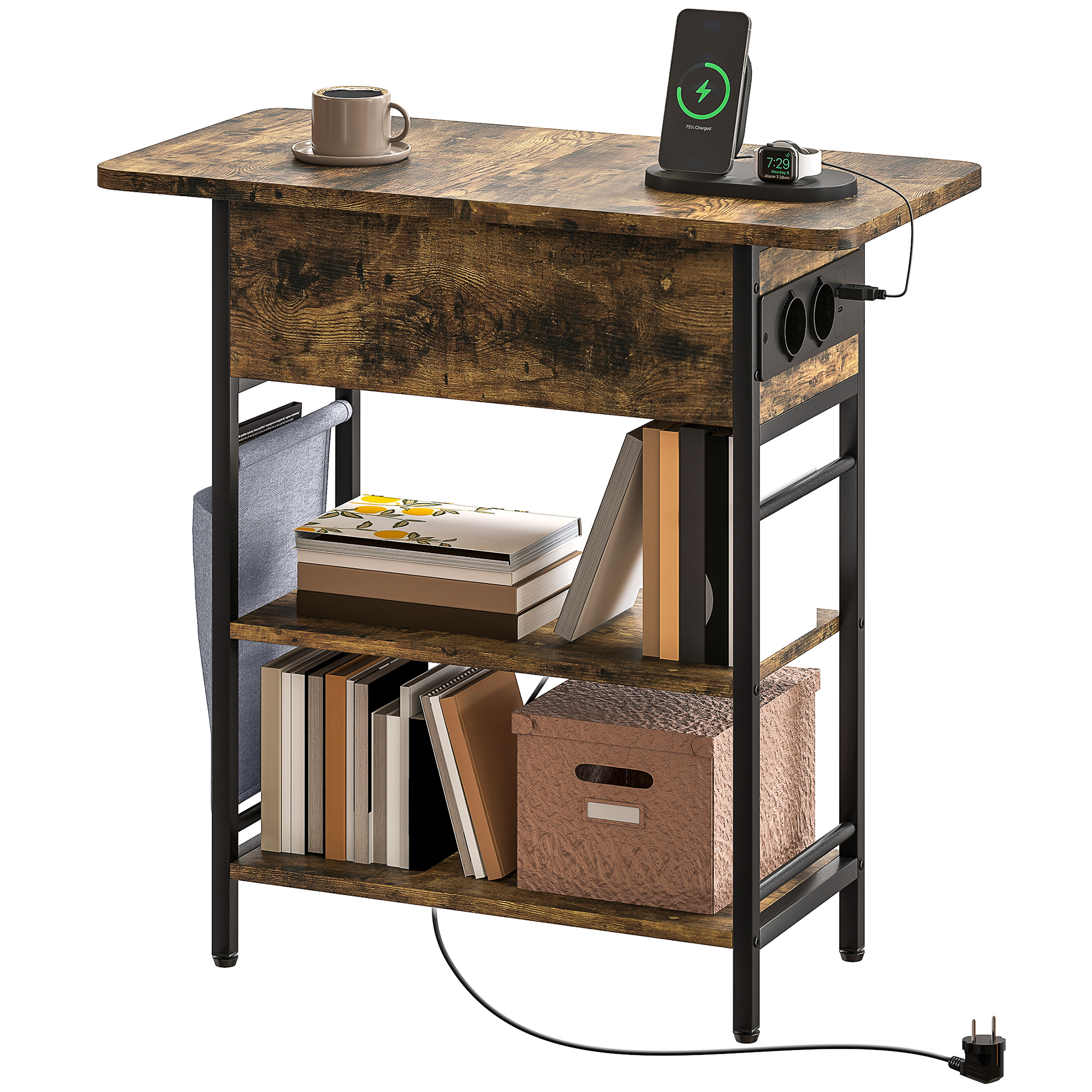 Beistelltisch Nachttisch mit Steckdosenleiste, 2 Ebenen, USB-Anschlüssen Stauraum 60 x 29,8 x 58,5 cm Rustikal Braun Beistelltisch Nachttisch mit Steckdosenleiste, 2 Ebenen, USB-Anschlüssen Stauraum 60 x 29,8 x 58,5 cm Rustikal Braun
