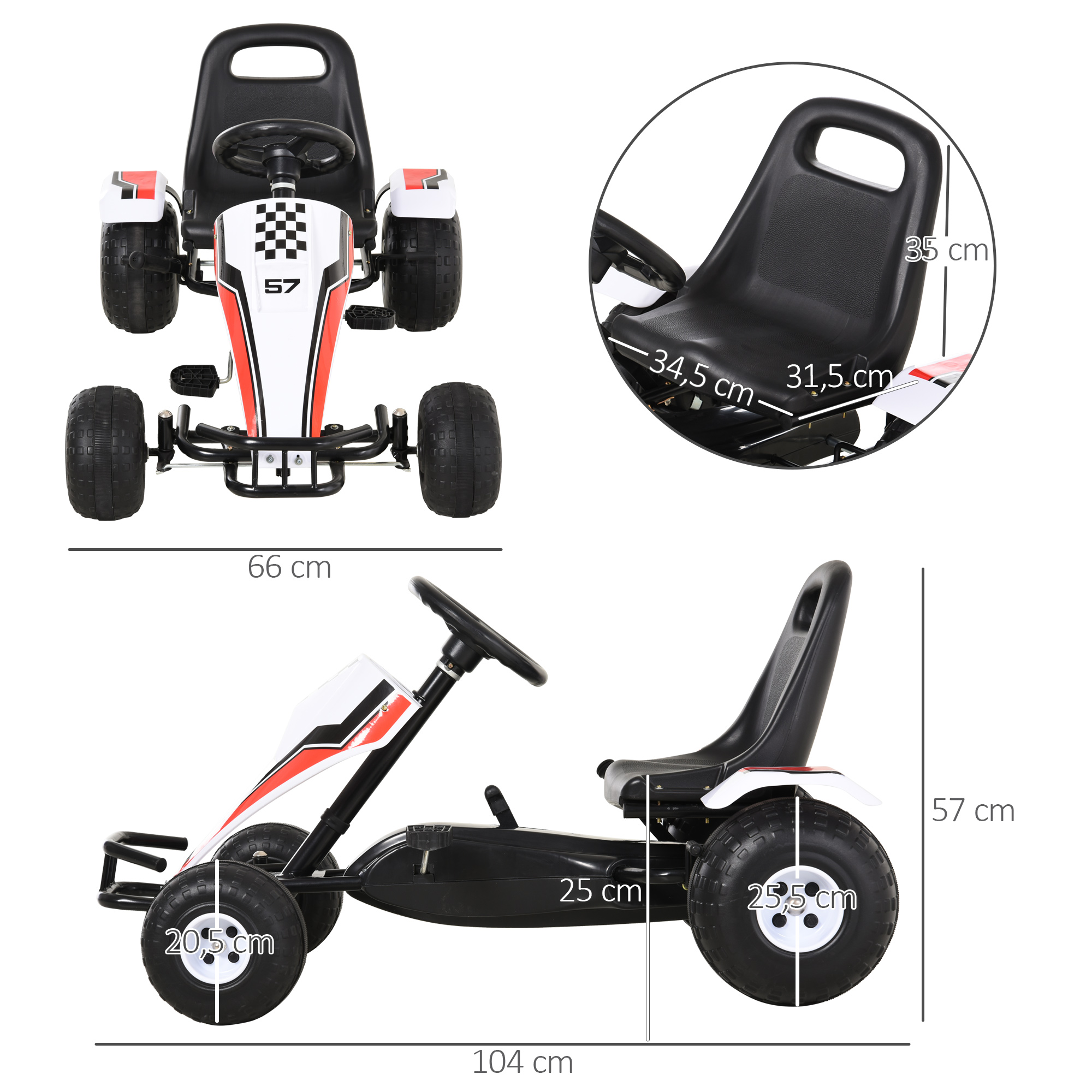 Gokart, Tretauto mit verstellbarem Sitz, Bremse, Pedalantrieb, Tretfahrzeug mit Vor- und Rückwärtsgang, Kinderfahrzeug bis 35 kg belastbar, für Kinder 3-6 Jahre Weiß