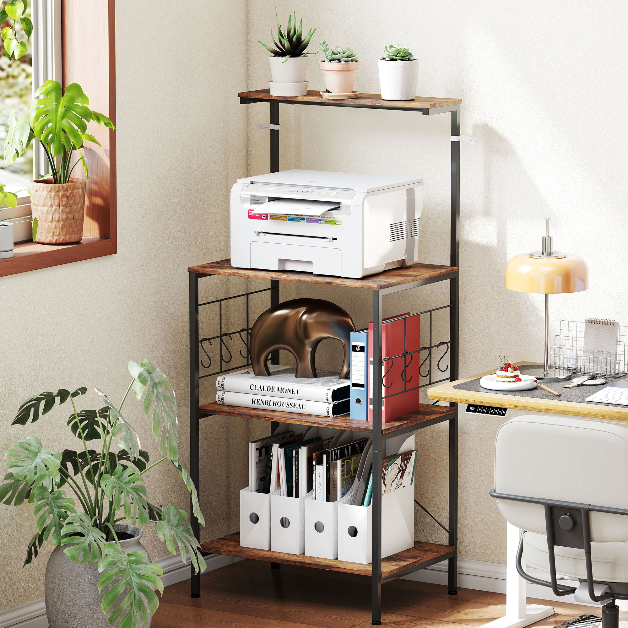 Küchenregal, 4-stufiges Design, Arbeitsplatte, 8 Haken, Metallrohre, Braun+Schwarz