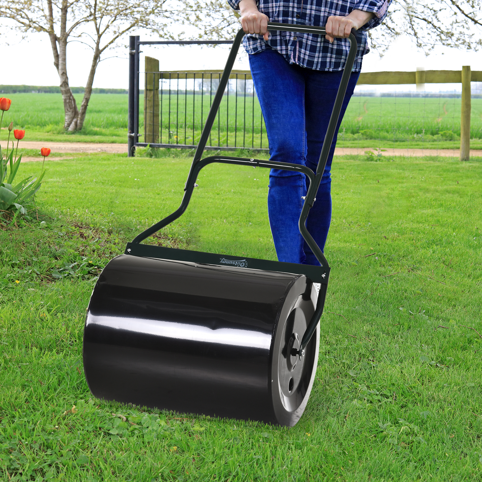 Rasenwalze mit U-Griff, Gartenwalze, Gartenrolle, 40 cm Durchmesser, 60 L Wasser-/Sandfüllung, Metall, Schwarz 57 x 40 x 123 cm