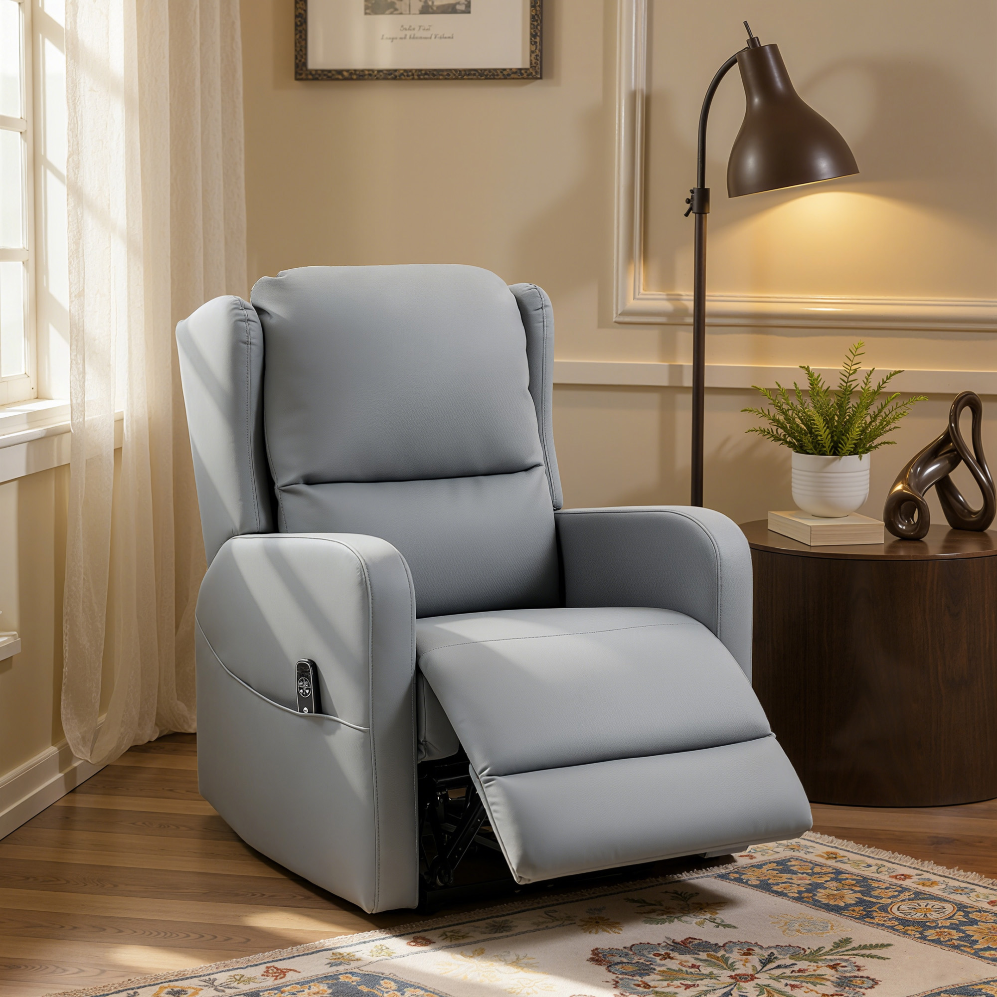 Massagesessel mit Rücklehnfunktion, Kunstleder, elektrisch verstellbar, Fußstütze, Seitentasche, Stahlrahmen, Grau