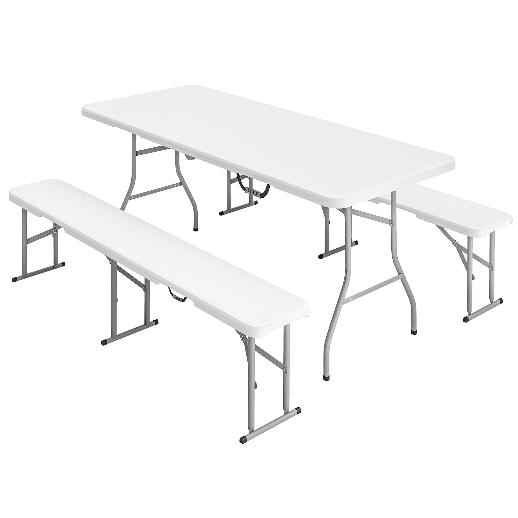 3-teiliges Picknicktisch-Set, 1 Tisch, 2 Bänke, Faltbarer Campingtisch mit Tragegriffen, Kunststoff, Metall, Weiß