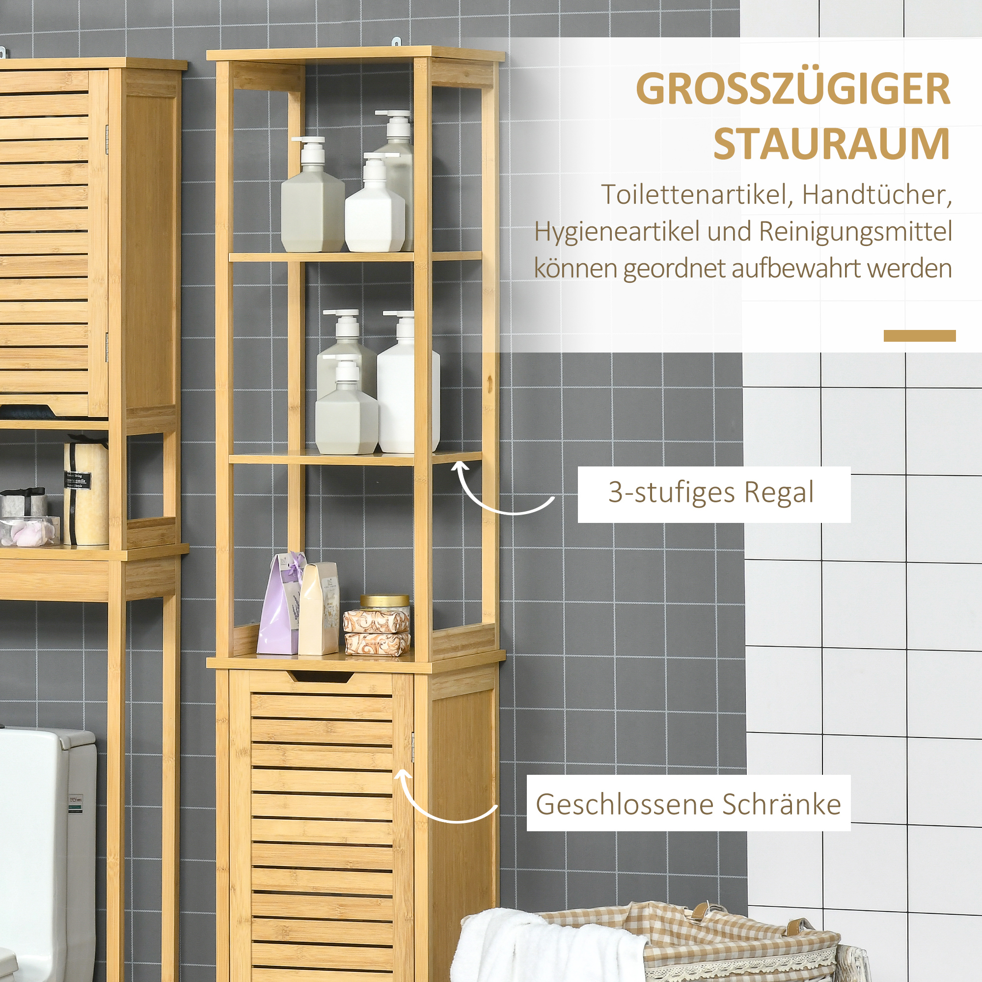 Badschrank, Hochschrank, drei Regalböden, ein Schrankfach mit Lamellentür, Kippschutz, Bambus, 34 x 30 x 173cm