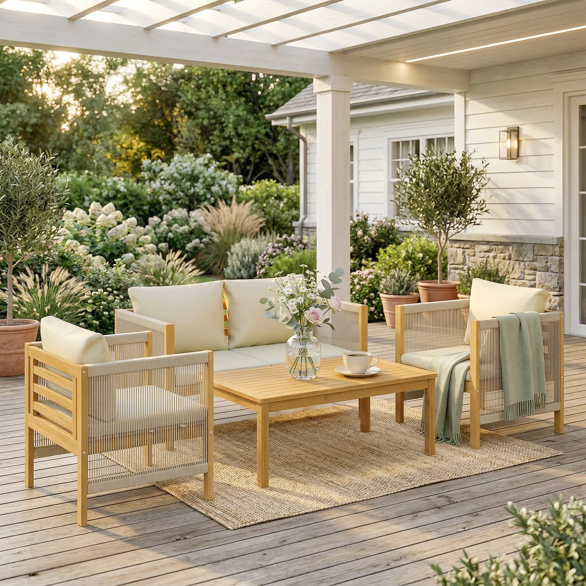 Gartenmöbel Set Holz Sitzgruppe für 4 Personen mit 2er Sofa 2 Sessel Tisch Seilflecht Lamellendesign waschbar Kissen