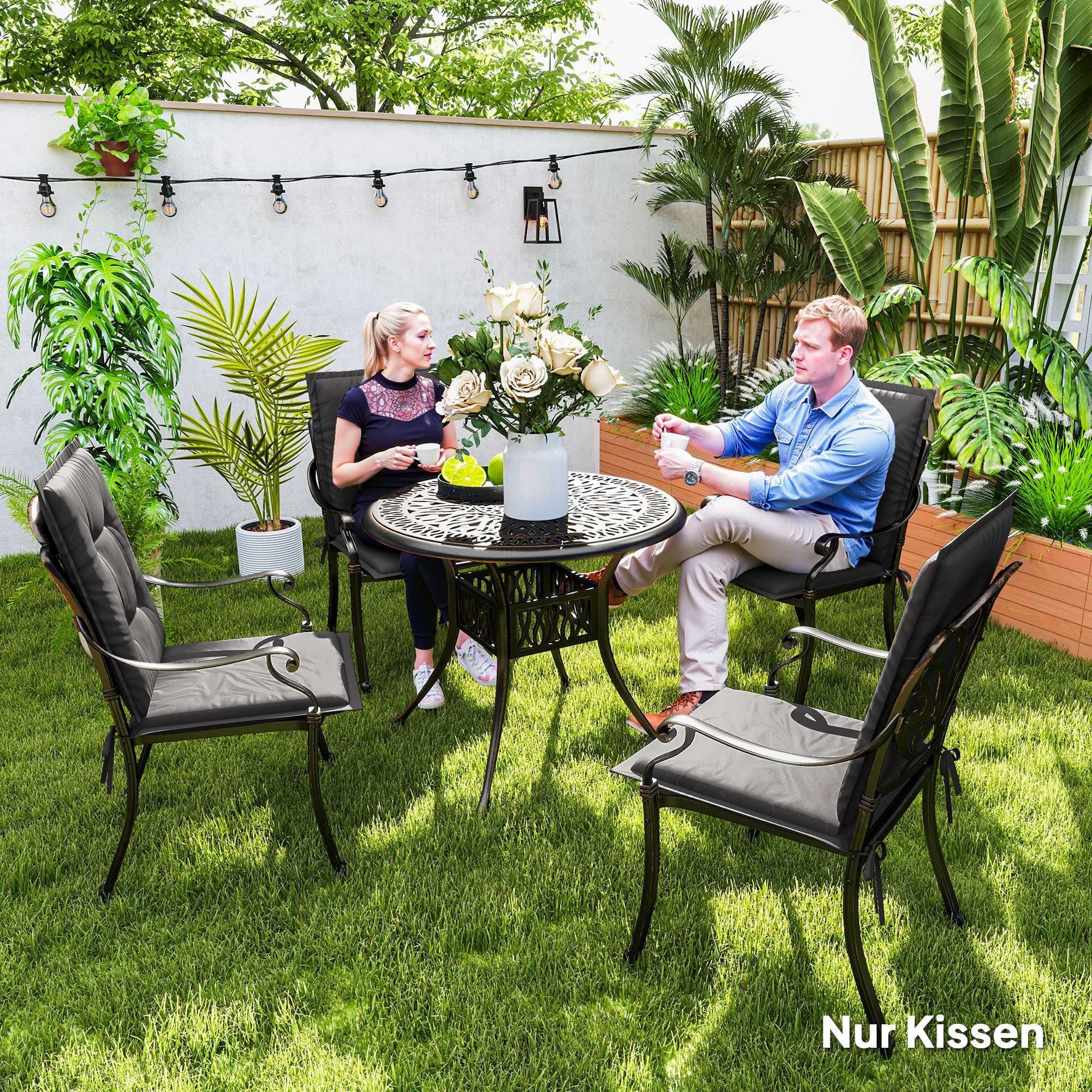 4er Set Sitzkissen 108 x 50 x 5 cm Stuhlkissen mit Bändern, Outdoor Indoor Sitzauflage Dunkelgrau