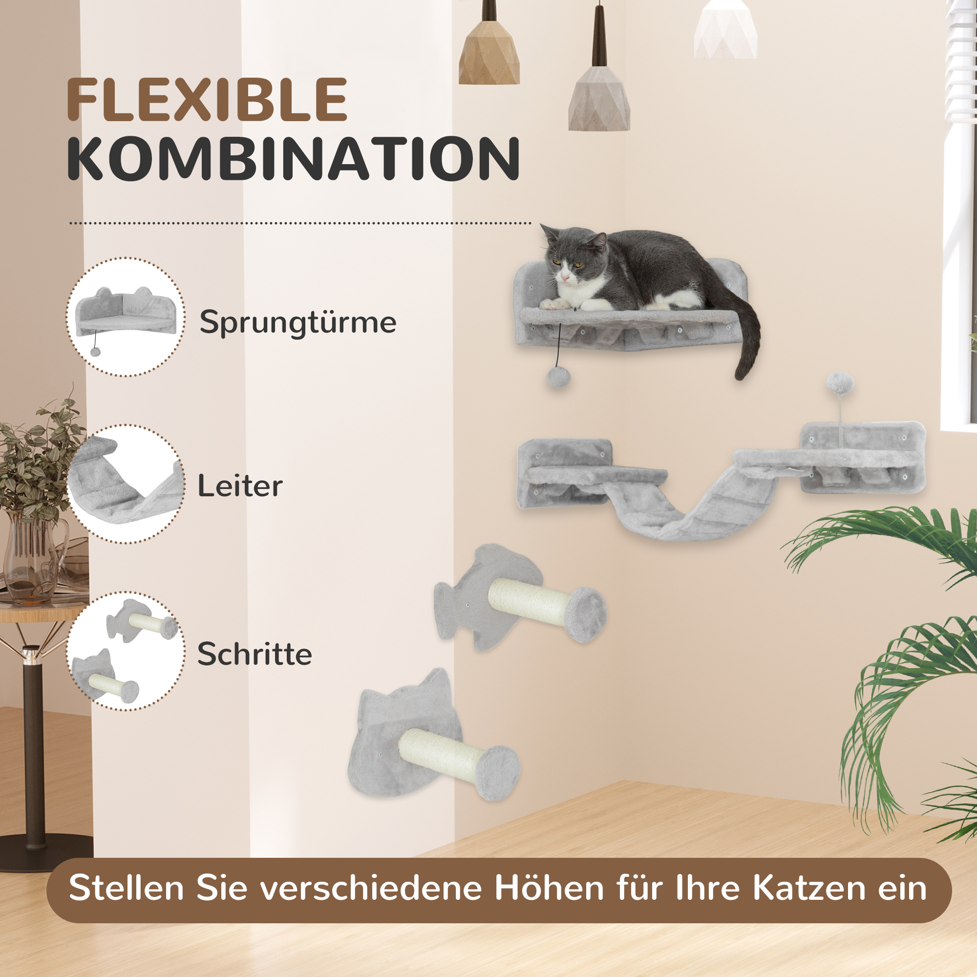 Katzentreppen-Set, 4-teilig, Kratzmöbel mit Sisal-Stufen, doppelter Plattform, Hellgrau/Cremeweiß