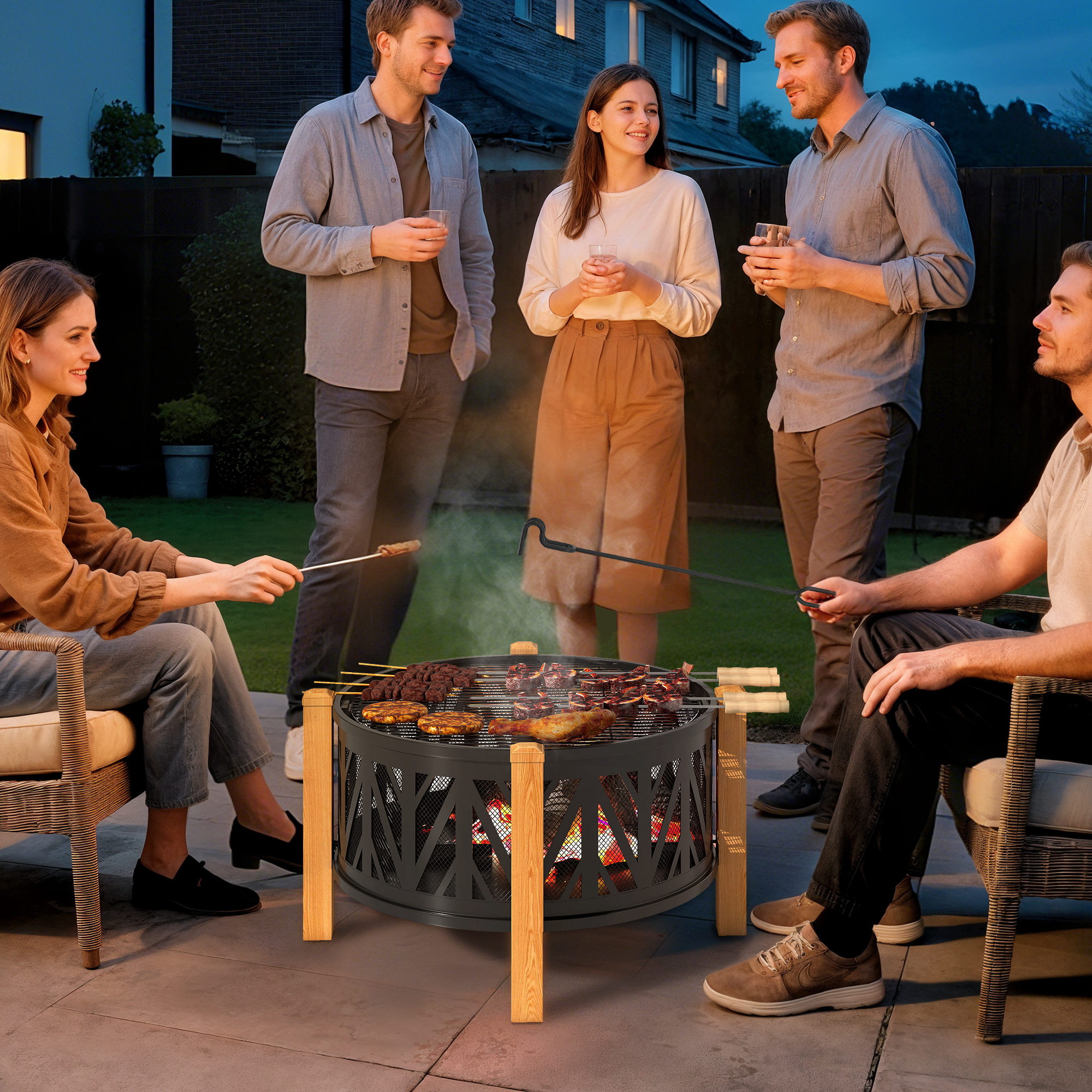 2-in-1 Feuerschale Ø75 x 58 cm Feuerstelle mit Funkenschutz Schürhaken Grillrost Schwarz