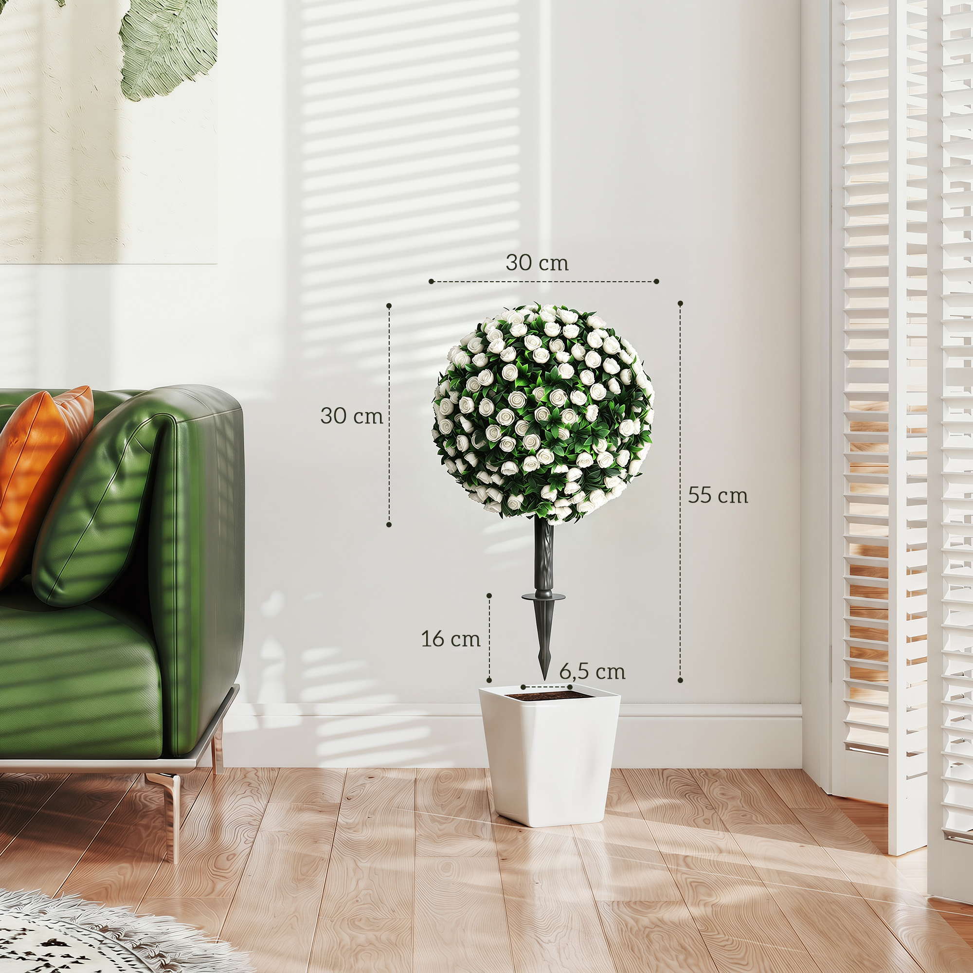 Künstliche Rosenkugeln UV-beständig für den Außenbereich, Set aus 2 Rosenbäumen, 55 cm, Weiß