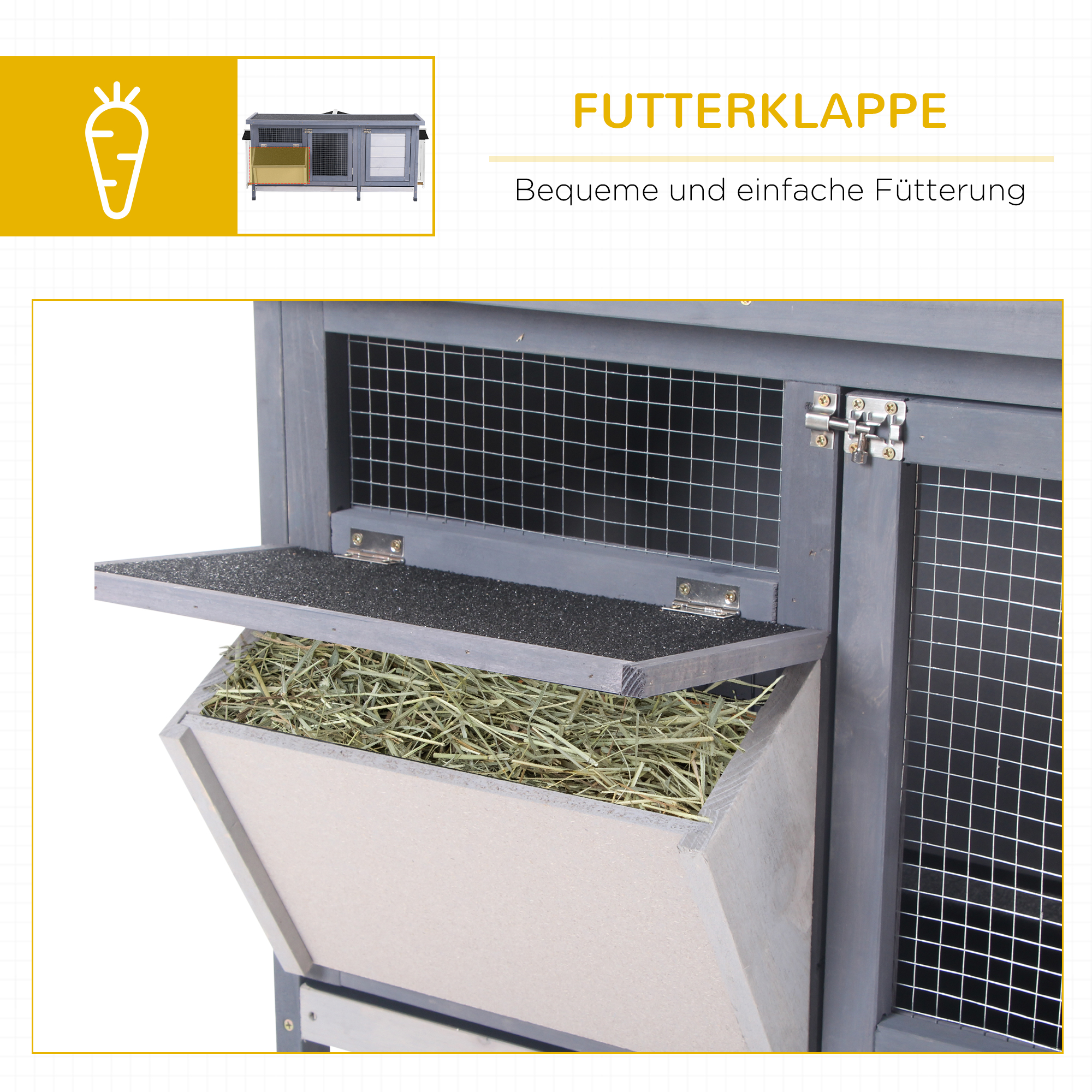 Hasenstall Winterfest Kaninchenstall aus Holz 112x50x54 cm Kaninchenkäfig mit Bitumendach, 2 Türen, Metallgitter, Hasenkäfig für Kaninchen, Meerschweinchen Outdoor Grau+Schwarz