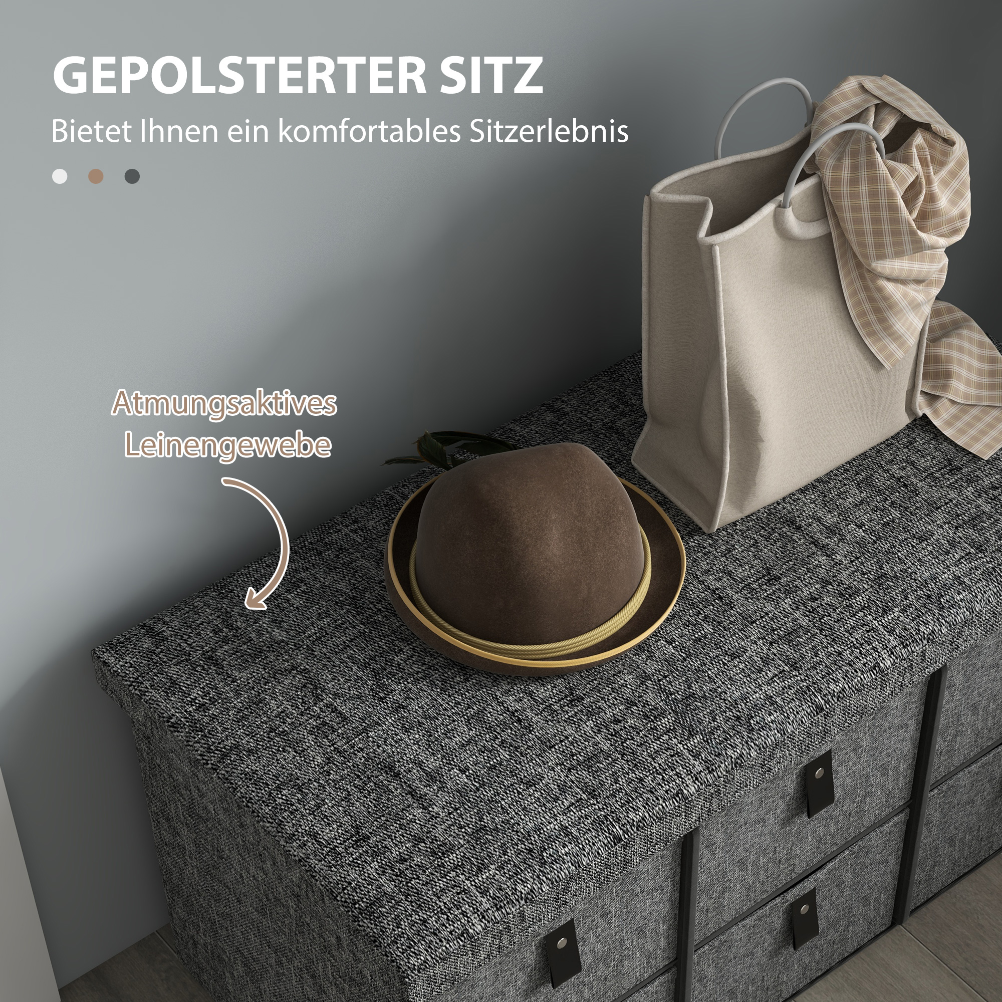 Gepolsterte Schuhbank, 6 Schuhfächer, MDF-Rahmen, Leinenoptik, Grau