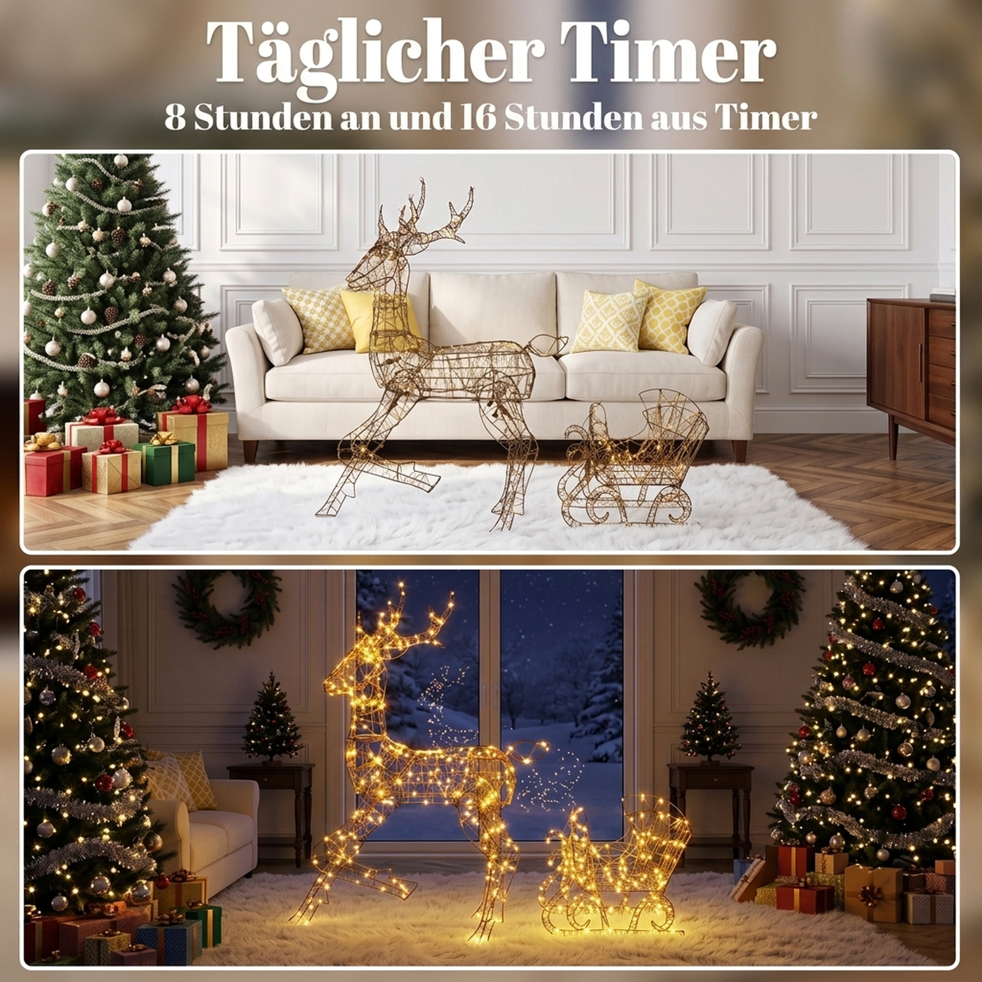 beleuchtetes Rentier- und Schlitten-Set, 2-teilige Weihnachtsdeko aus Polyrattan für außen, mit LEDs, 8 Modi, Timer