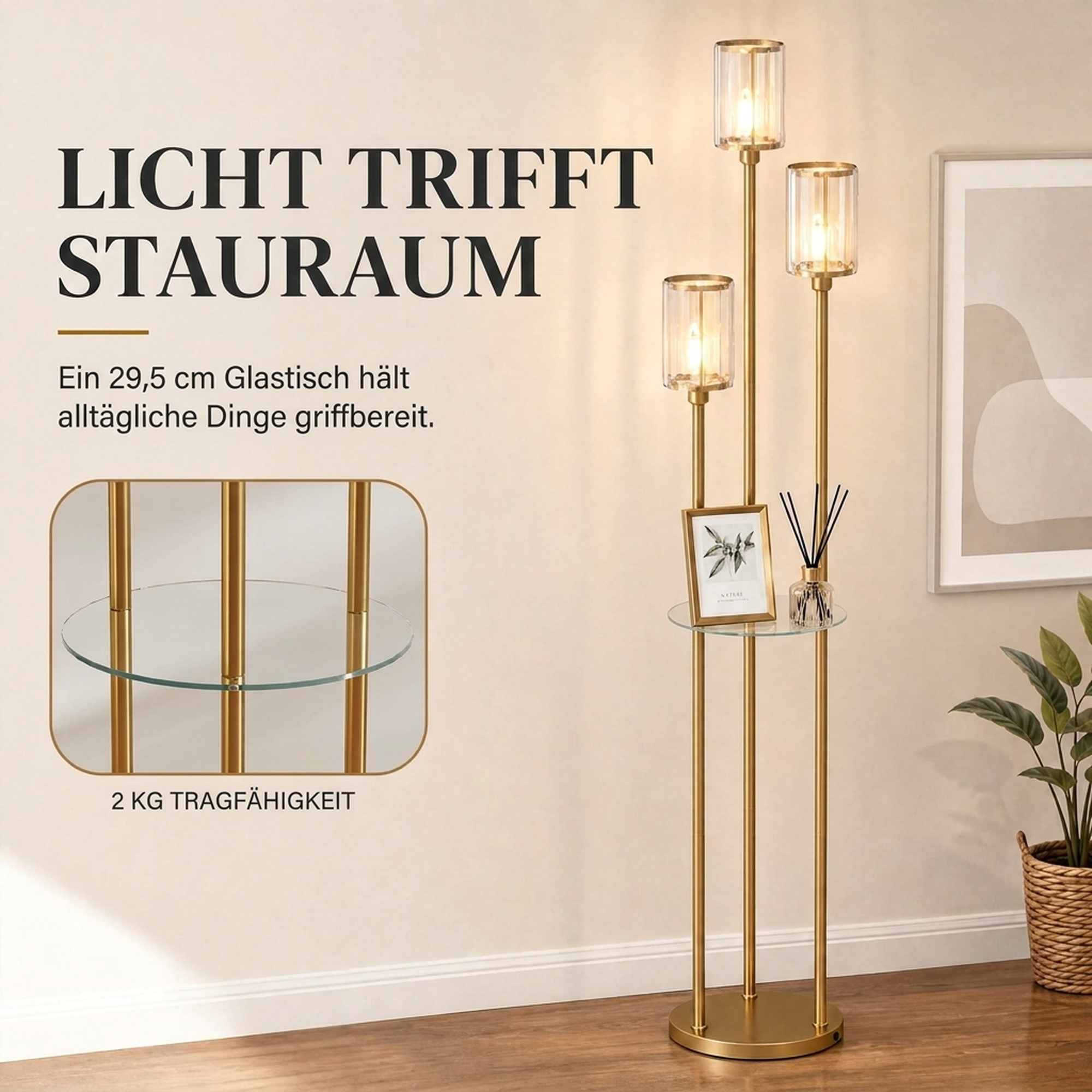 Stehlampe mit Regal mit 3-flammigen Glasschirmen Stehleuchte mit Glastisch 177 cm Gold