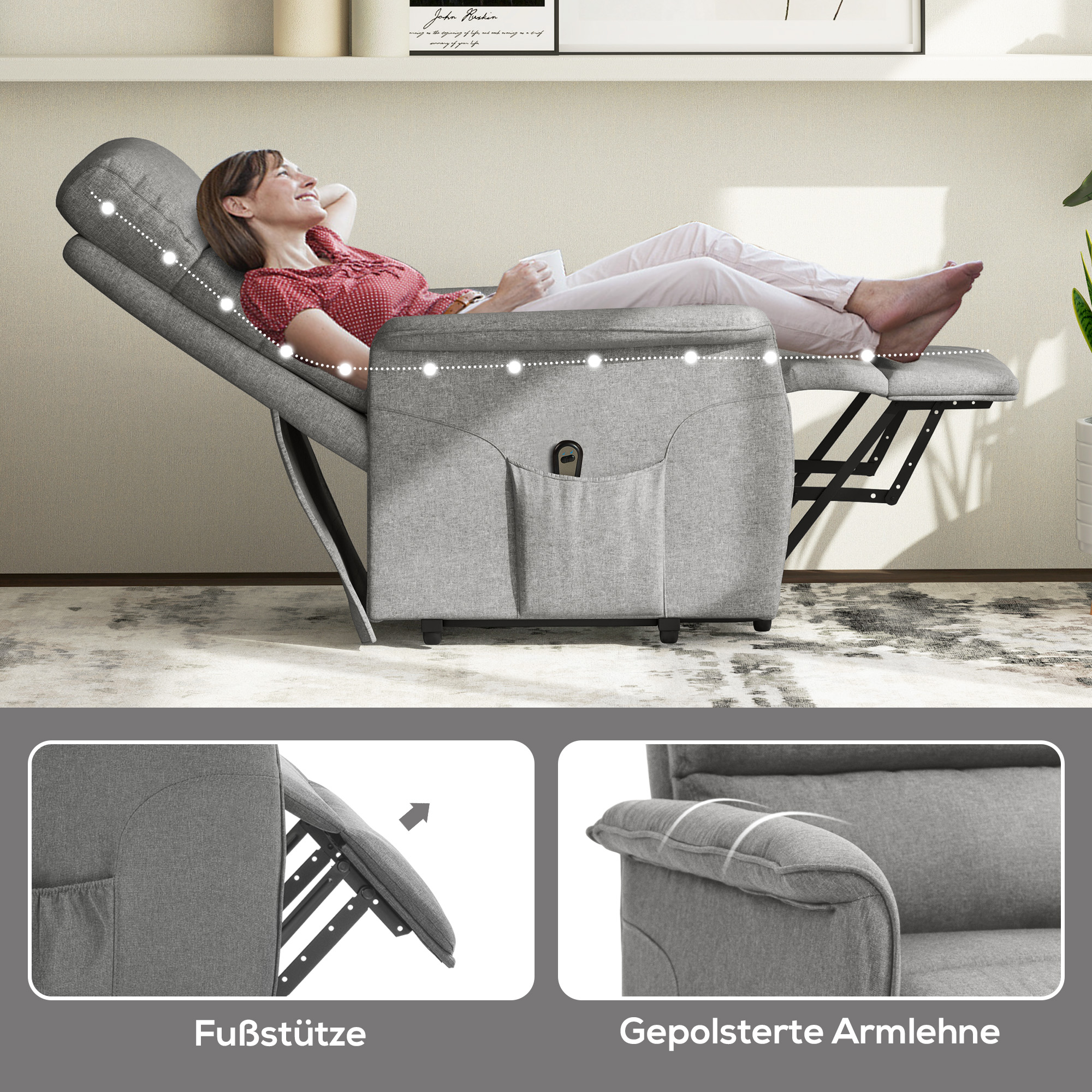 Relaxsessel mit Aufstehhilfe, verstellbare Rückenlehne/Fußstütze, bis 120 kg, 66 x 90 x 96 cm, Grau