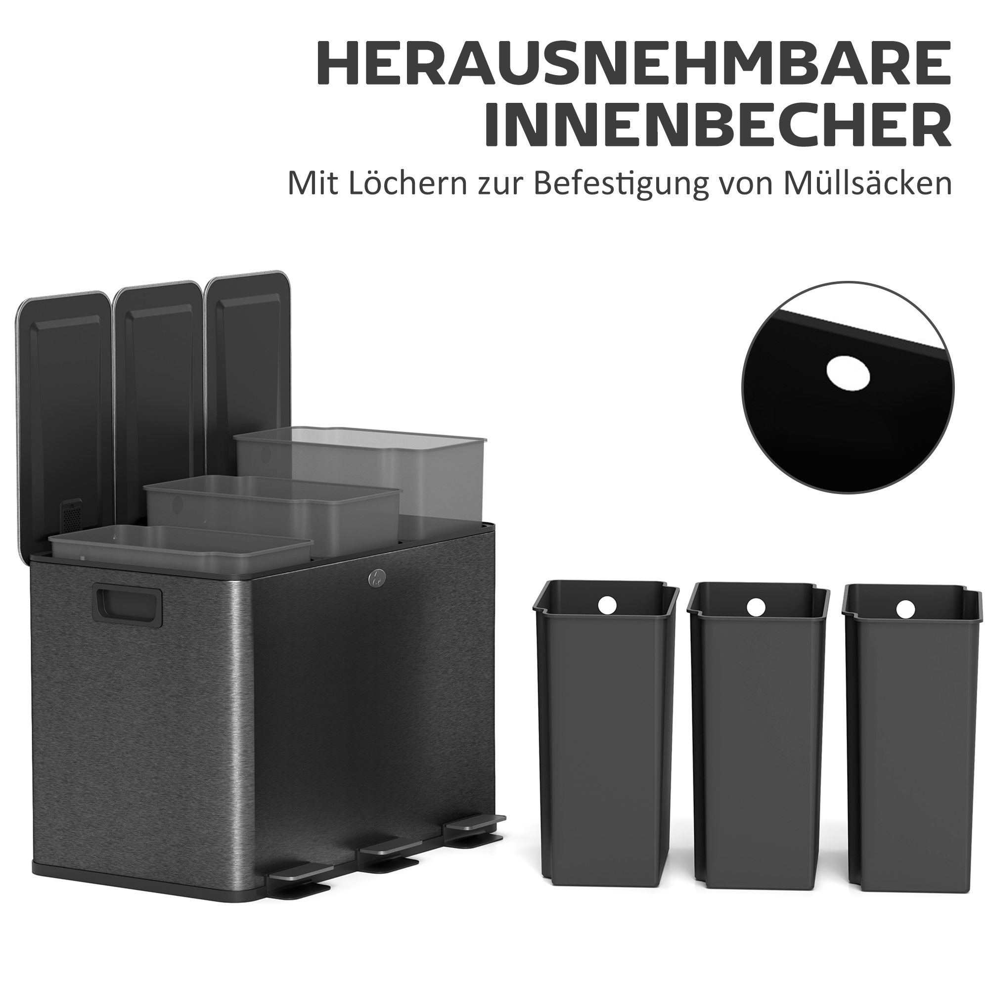 Mülleimer mit 3 x 20 L Fächern, Deodorant-Deckel, fingerabdrucksicher, Soft-Close, herausnehmbar, Schwarz