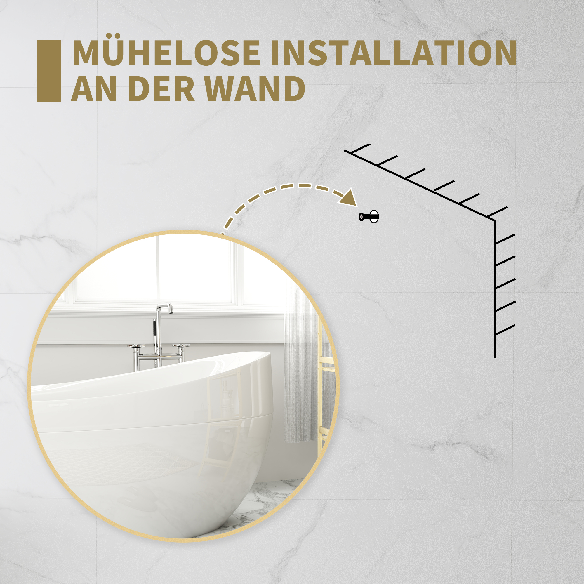 70 x 70 cm runder Badezimmerspiegel, Wandmontage, goldfarbener Rahmen