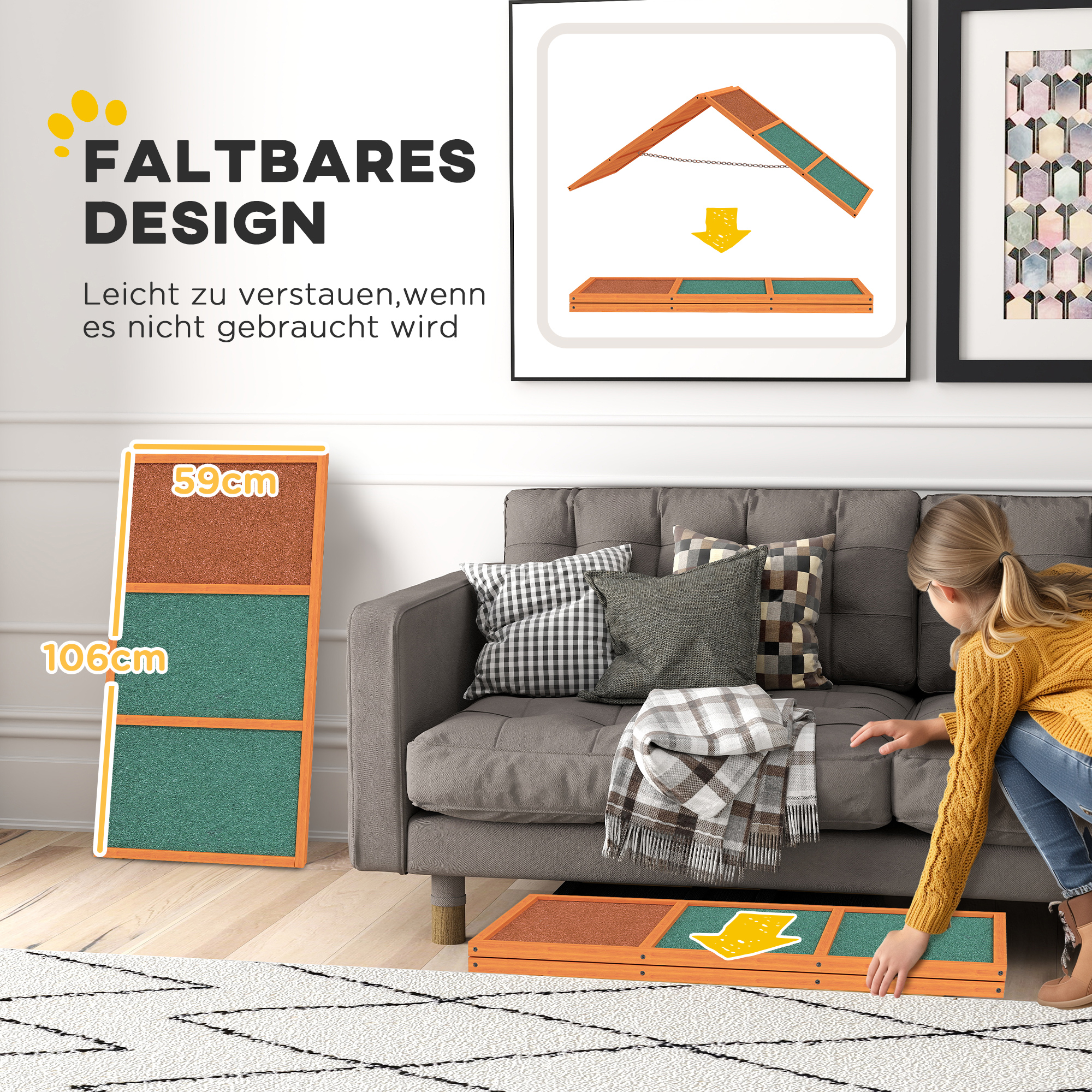 Agility Hunderampe, klappbar, verstellbare Höhe, rutschfest, Tannenholz, bis 40 kg, 173 x 59 x 66 cm, Orange/Grün