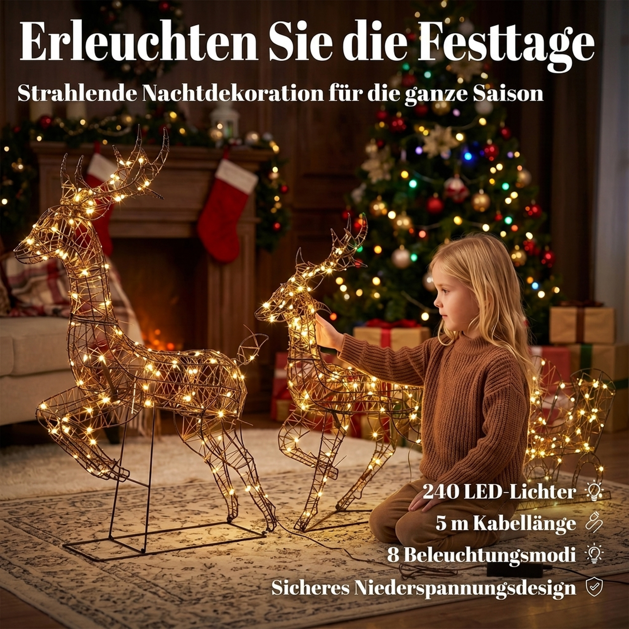 3-tlg. beleuchtetes Rentier- und Schlitten-Set, Weihnachtsdeko aus Polyrattan mit LEDs, 8 Modi, Timer
