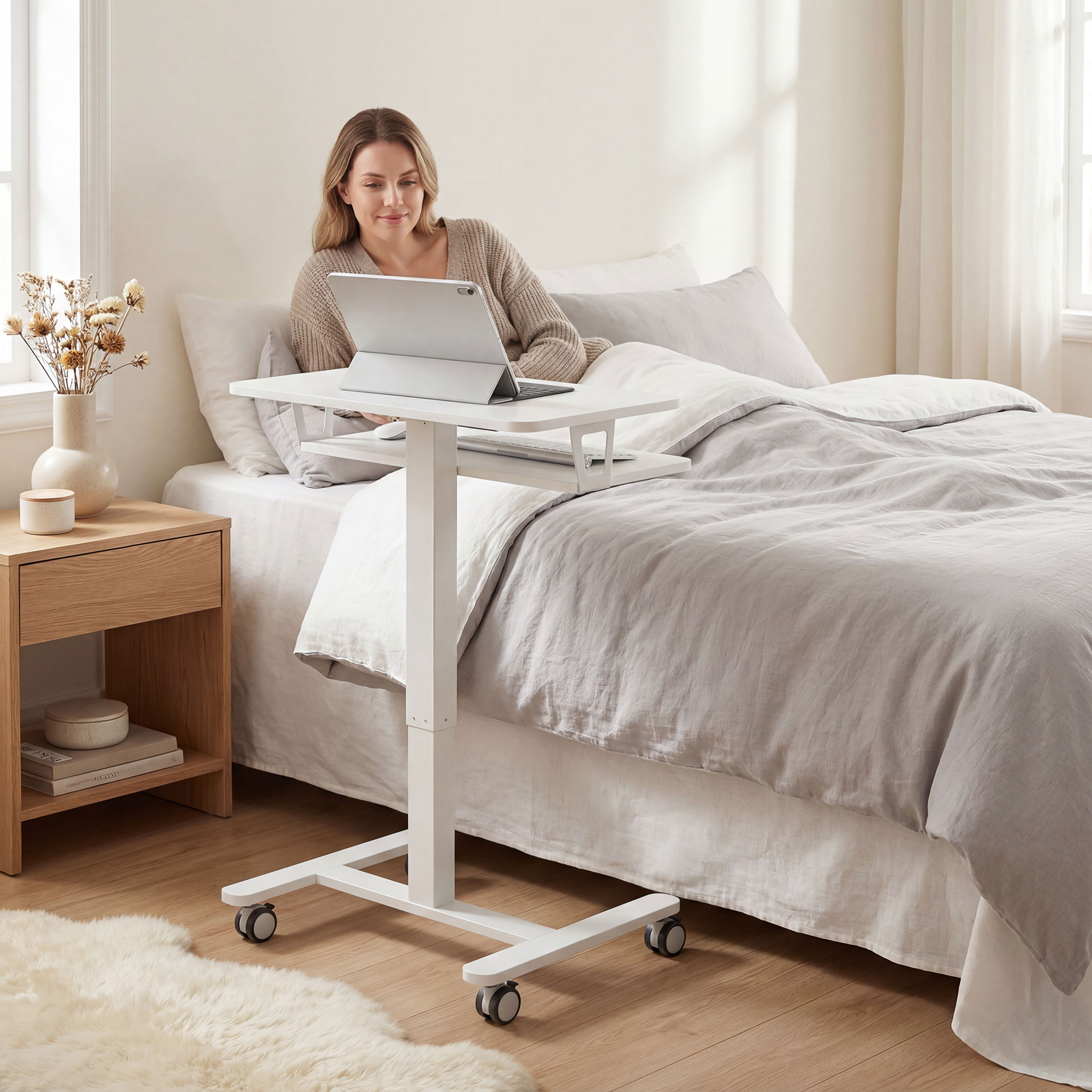 Höhenverstellbarer Stehschreibtisch, Rollbarer Sit-Stand-Schreibtisch mit Tastaturablage, Rollen und Stahlrahmen, Weiß