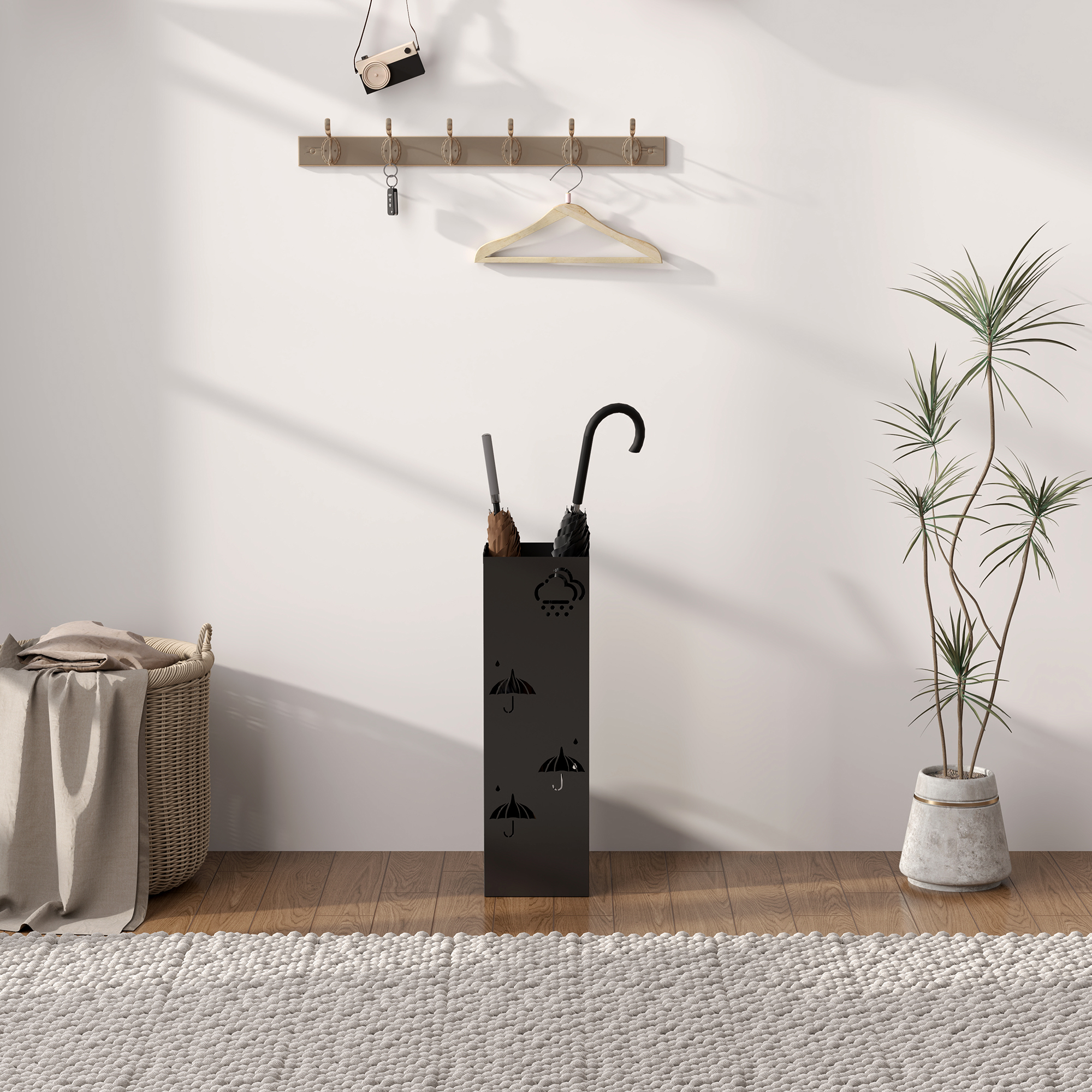 Schirmständer aus Metall, 4 Haken, Wolken- und Schirmmuster, Tropfblech, Schwarz