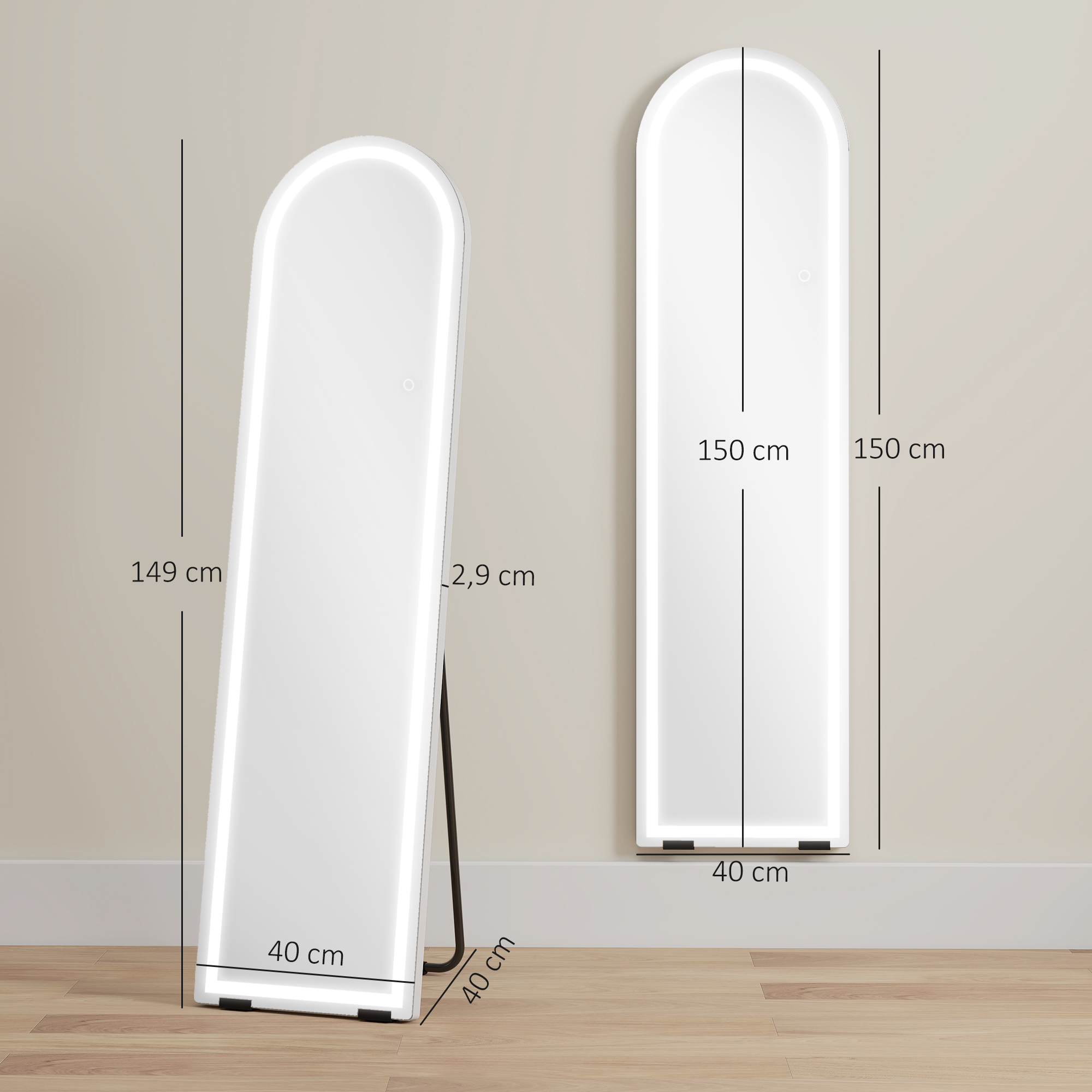 Ganzkörperspiegel mit LED-Lichtern, 150 x 40 cm, bogenförmig, dimmbar, 3 Lichtfarben, freistehend oder Wandmontage, Weiß