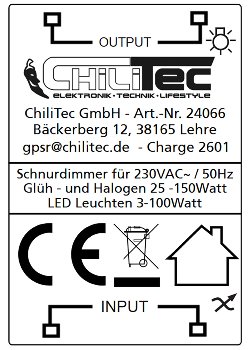 Schnurdimmer für LEDs, 3-150Watt / 230V, Drehregler mit Ein & Aus, schwarz