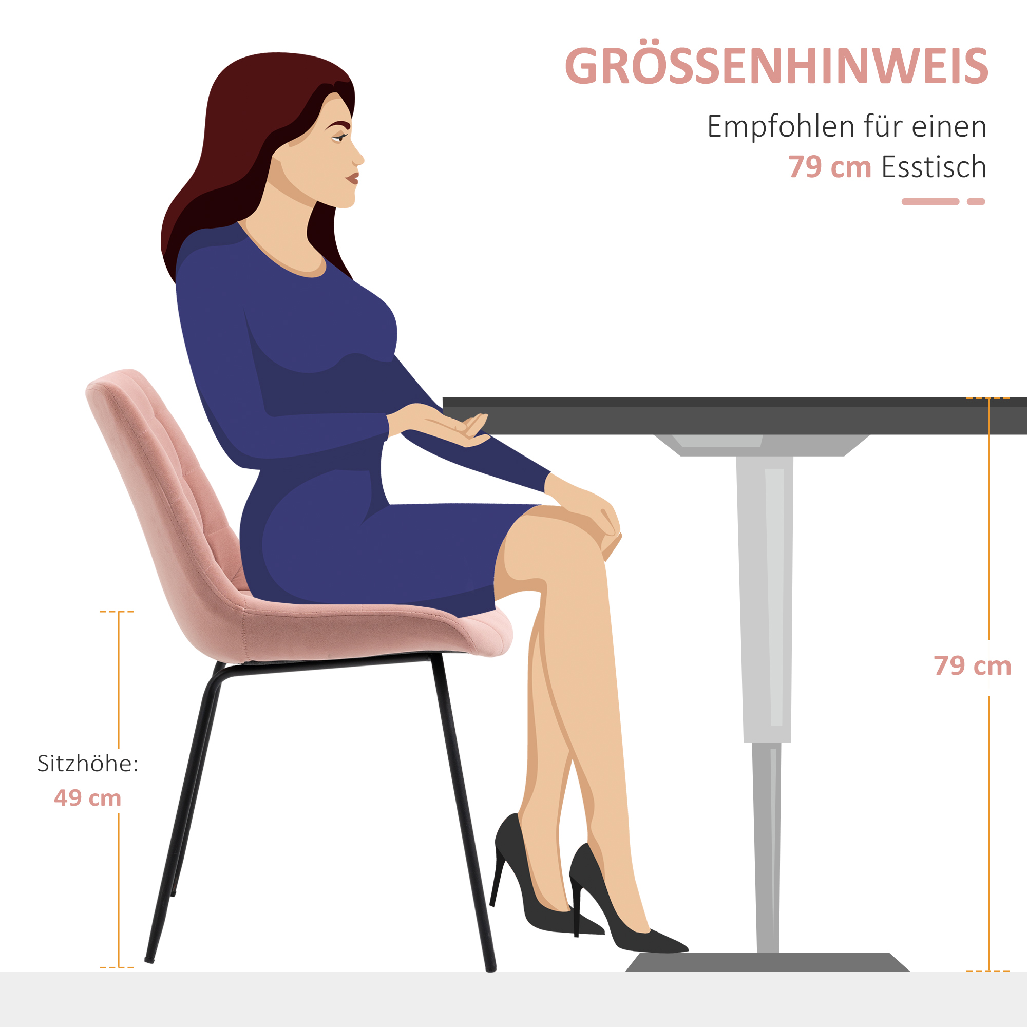 2er-Set Esszimmerstühle  Akzentstühle Küchenstühle, Retro-Design, Samtoptik, 50 cm x 61 cm x 79 cm, Rosa