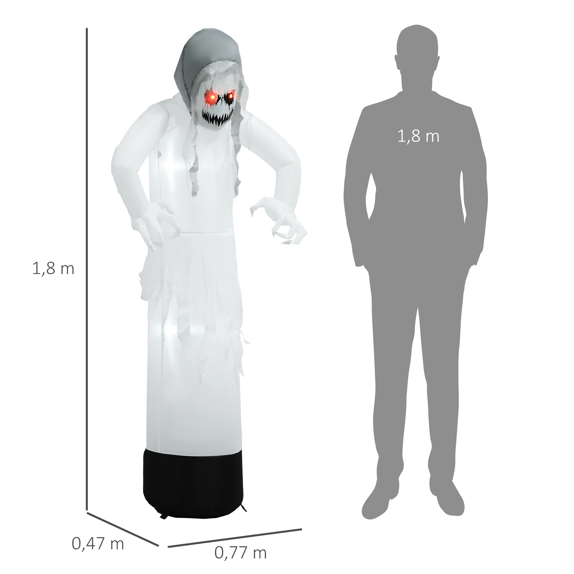 Halloweendeko, Geisterhexe mit roten Augen, aufblasbar, LEDs, Outdoor-tauglich, 180 cm, Weiß