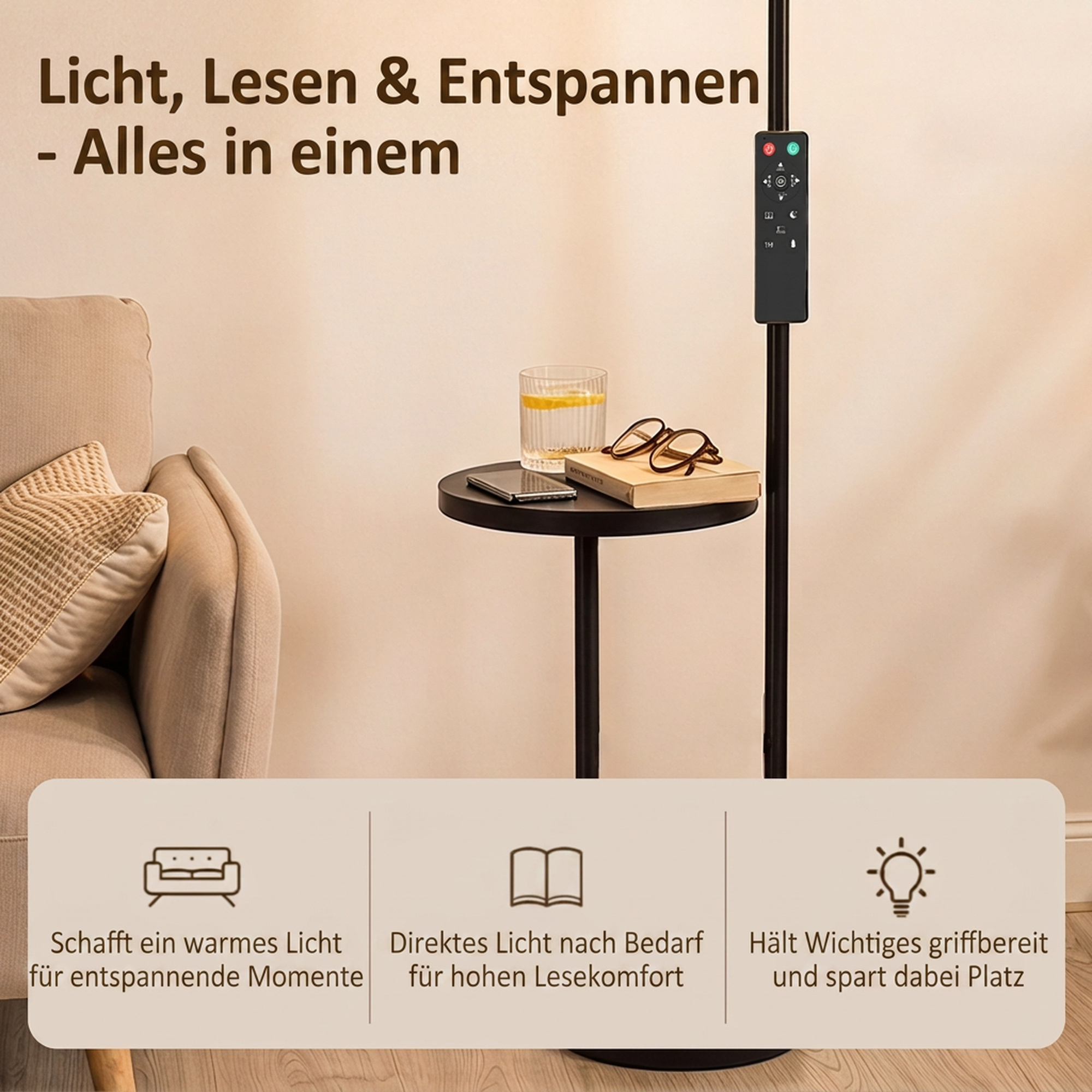 LED-Deckenfluter mit Ablagetisch und Leselampe, dimmbare Stehlampe mit Fernbedienung, 4 Farbtemperaturen