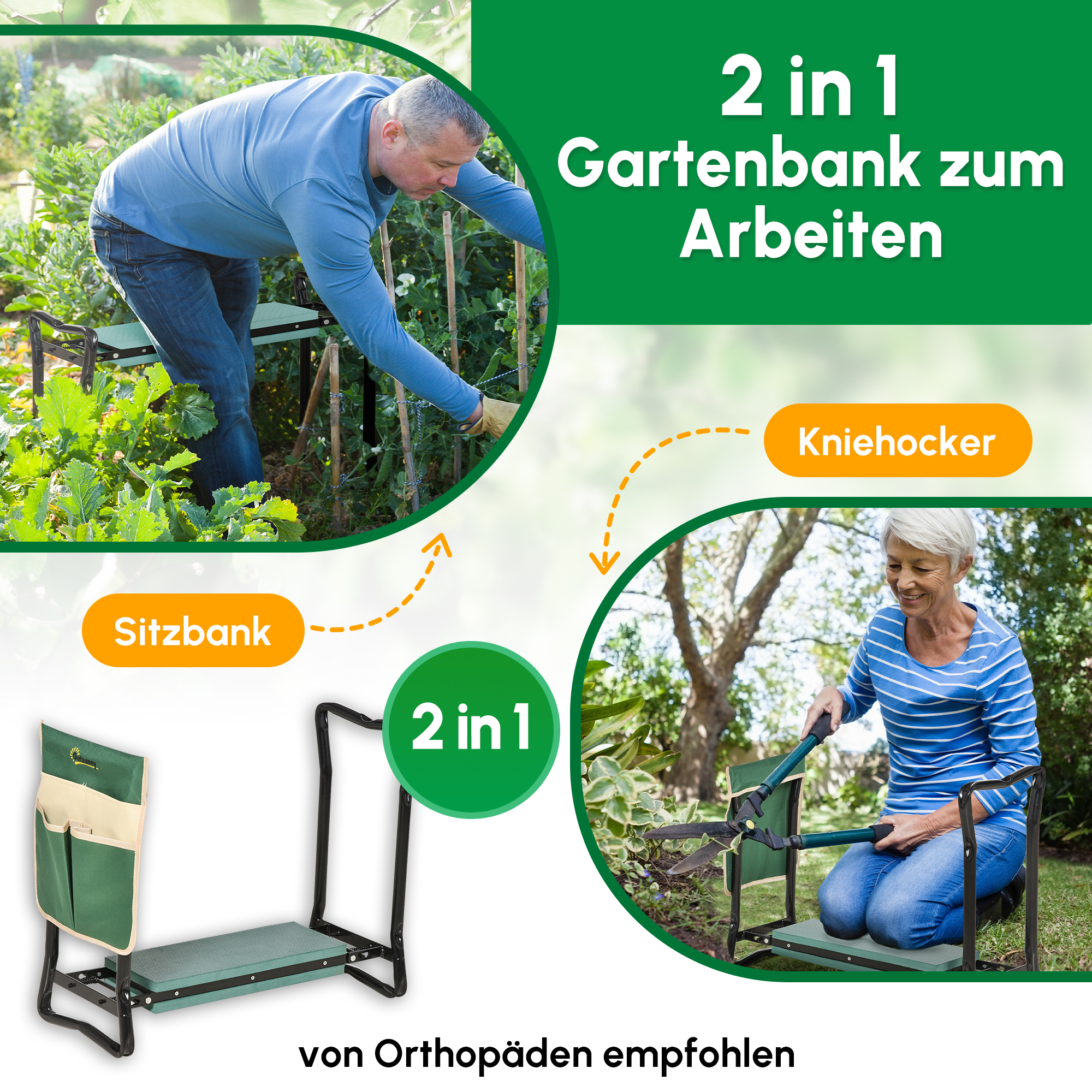 Kniebank, Klappbarer Gartenhocker, 2-in-1, Kniehilfe, mit Werkzeugtasche, EVA-Schaumstoff, 58 x 28 x 49 cm