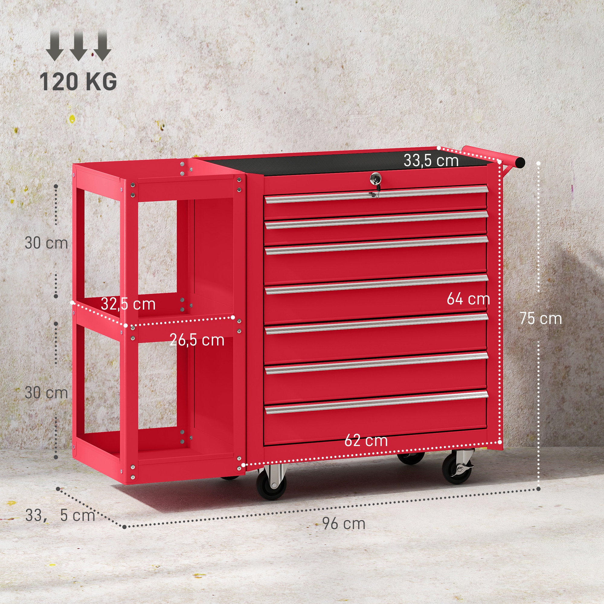 Werkstattwagen Werkzeugwagen mit 7 Schubladen abnehmbar Seitenregal 4 Rollen mit Feststellbremse, 96x33,5x75cm, Rot
