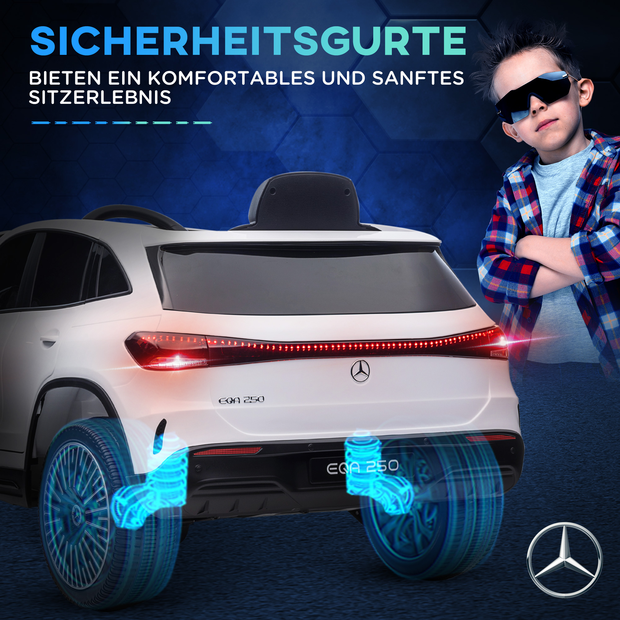 Elektro Kinderauto, lizenzierter Mercedes-Benz EQA, 3-8 km/h, Musik, Scheinwerfer, Hupe, Fernsteuerung, weiß