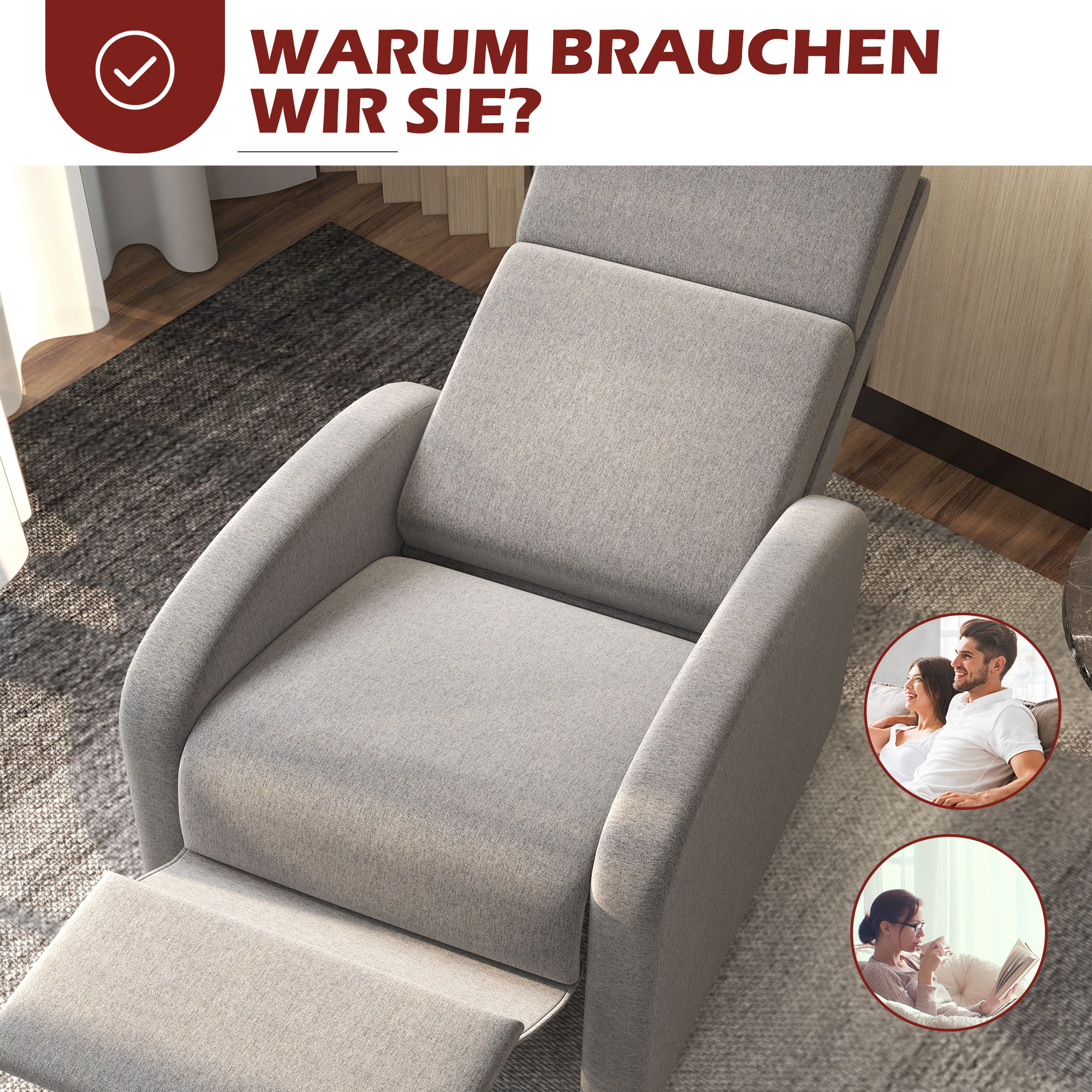 Relaxsessel Fernsehsessel, ausklappbare Fußstütze, neigbar bis zu 160°, 64 x 86 x 102 cm, Grau