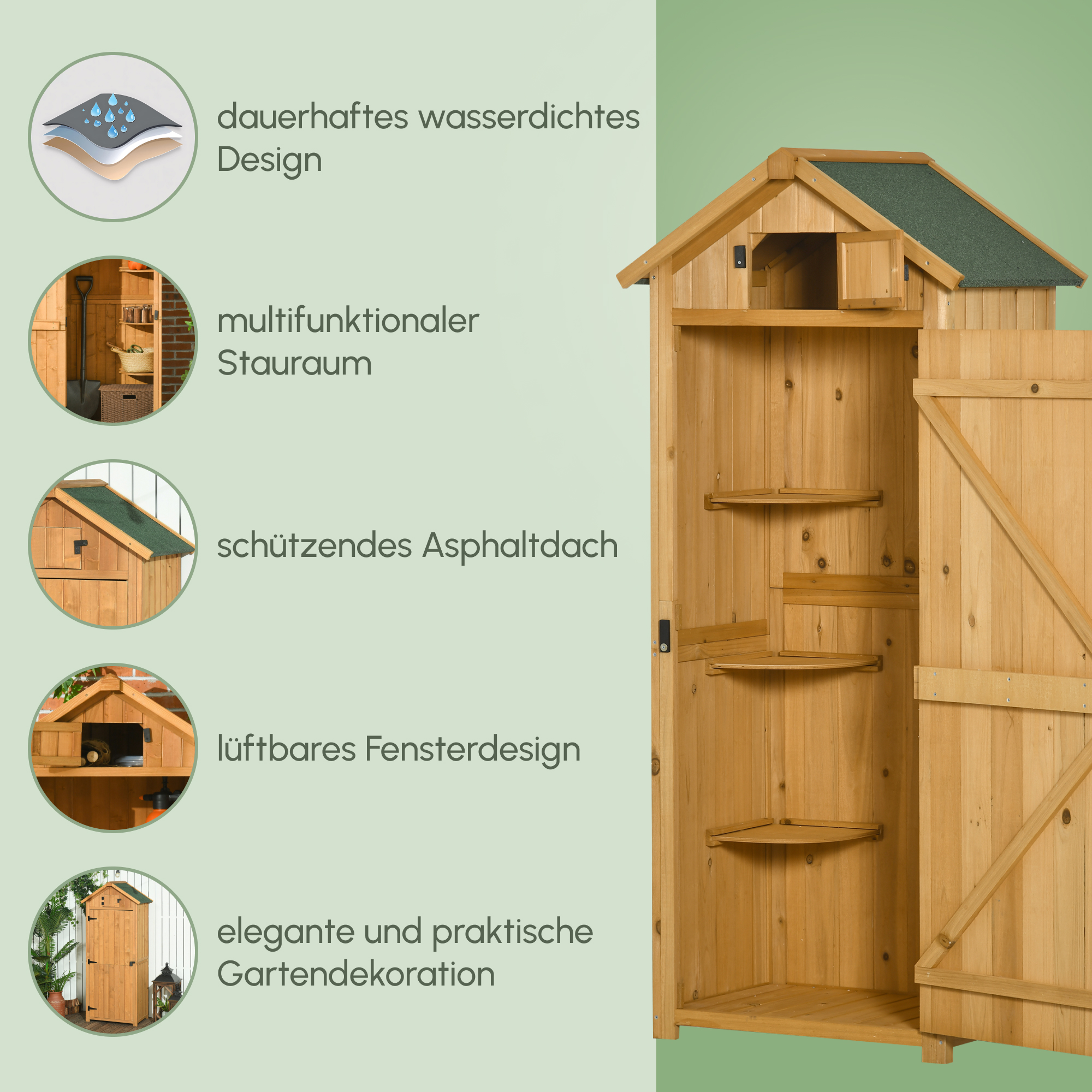 Gartenschrank Gartenhaus Gerätehaus Geräteschuppen mit Fachböden Asphaltdach Fenster Holz Gelb+Grün 77 x 54,2 x 179 cm