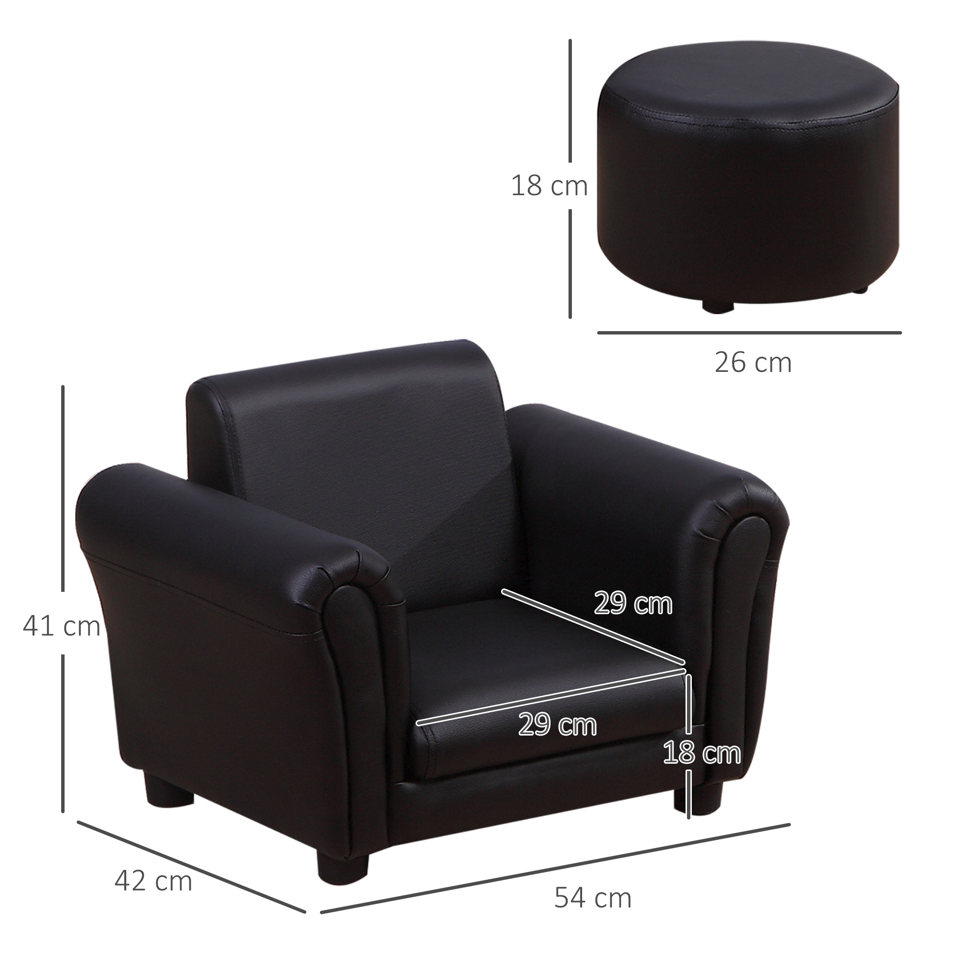 Kindersessel mit Fußhocker Kindercouch Kindersofa Minisofa für 1,5-3 Jahre Kinder Kindermöbel Holz Schwarz 54 x 42 x 41 cm