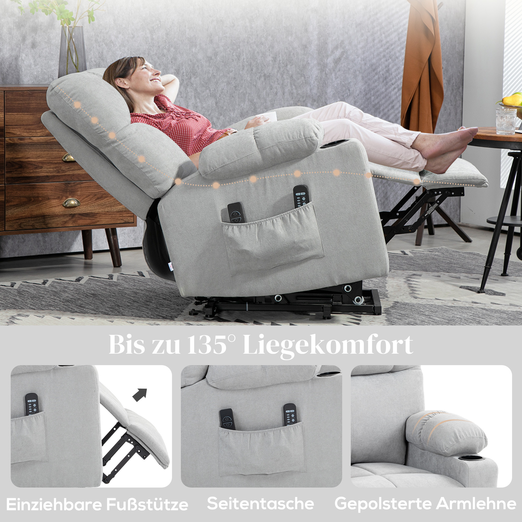 Aufstehhilfe Seniorensessel, Liegefunktion, inkl, Fernbedienung, 144 cm x 91 cm x 88 cm, Hellgrau