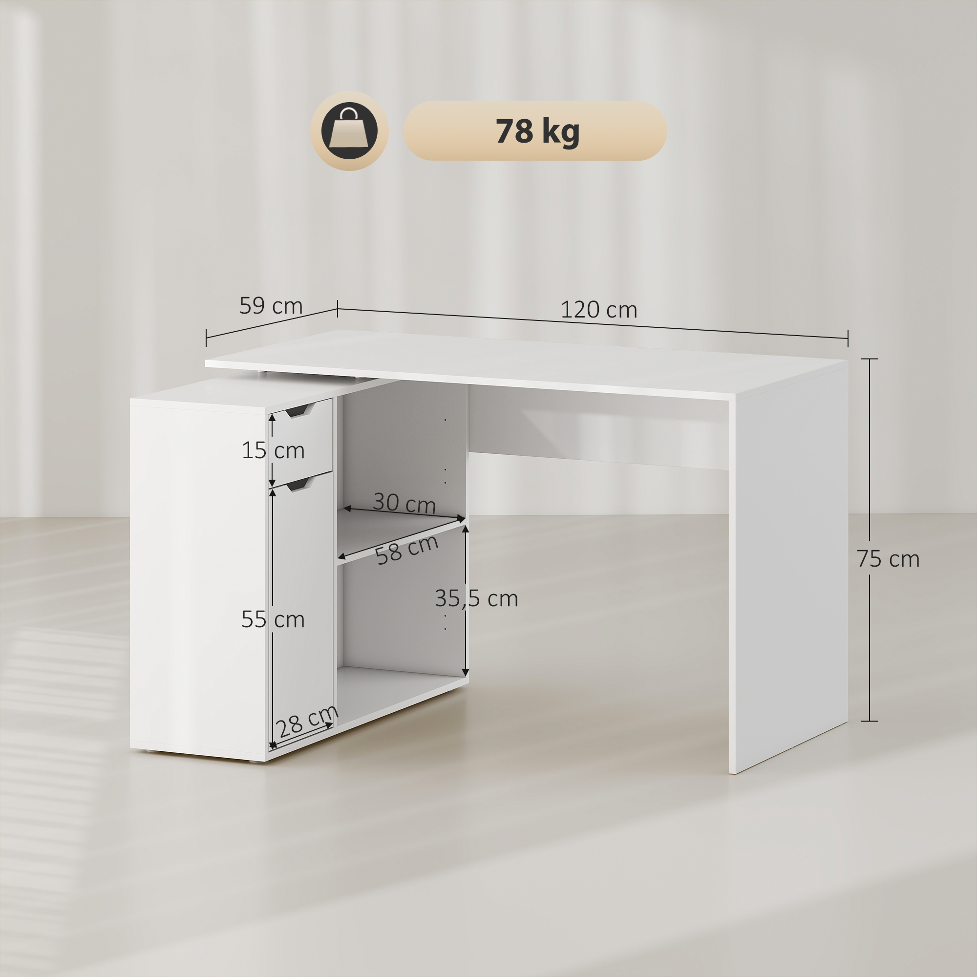 Flexibler Schreibtisch, 2-stufiger Schrank, Schublade, offene Fächer, Holz, Weiß