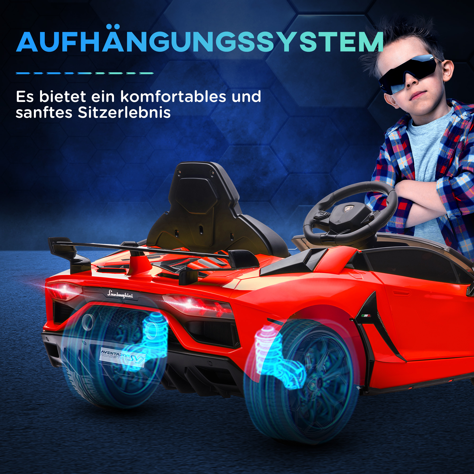 Elektro-Kinderauto, lizenzierter Lamborghini Aventador, Flügeltüren, Musik, Hupe, für 3-5 Jahre, rot