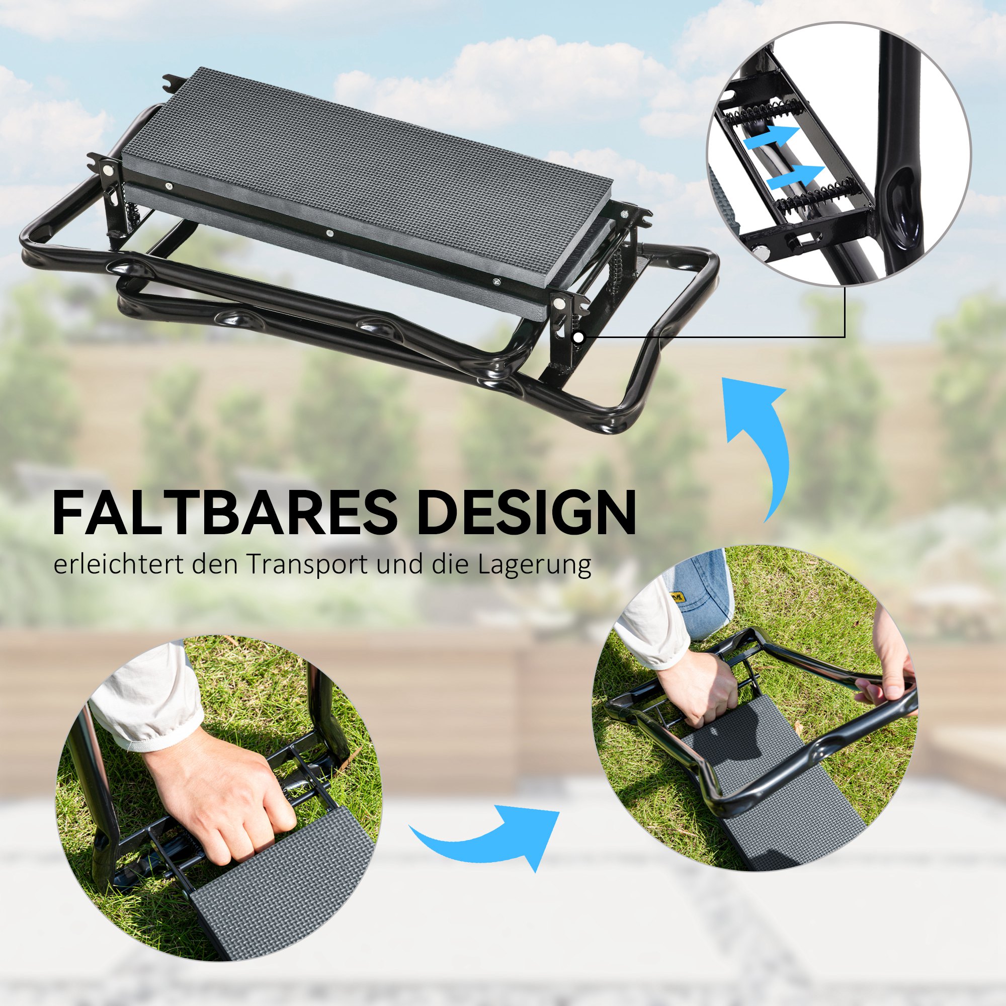 Kniebank für Gartenarbeit klappbar Gartenhocker mit Kniekissen Werkzeugtaschen bis 150 kg 58 x 28 x 49cm Grau