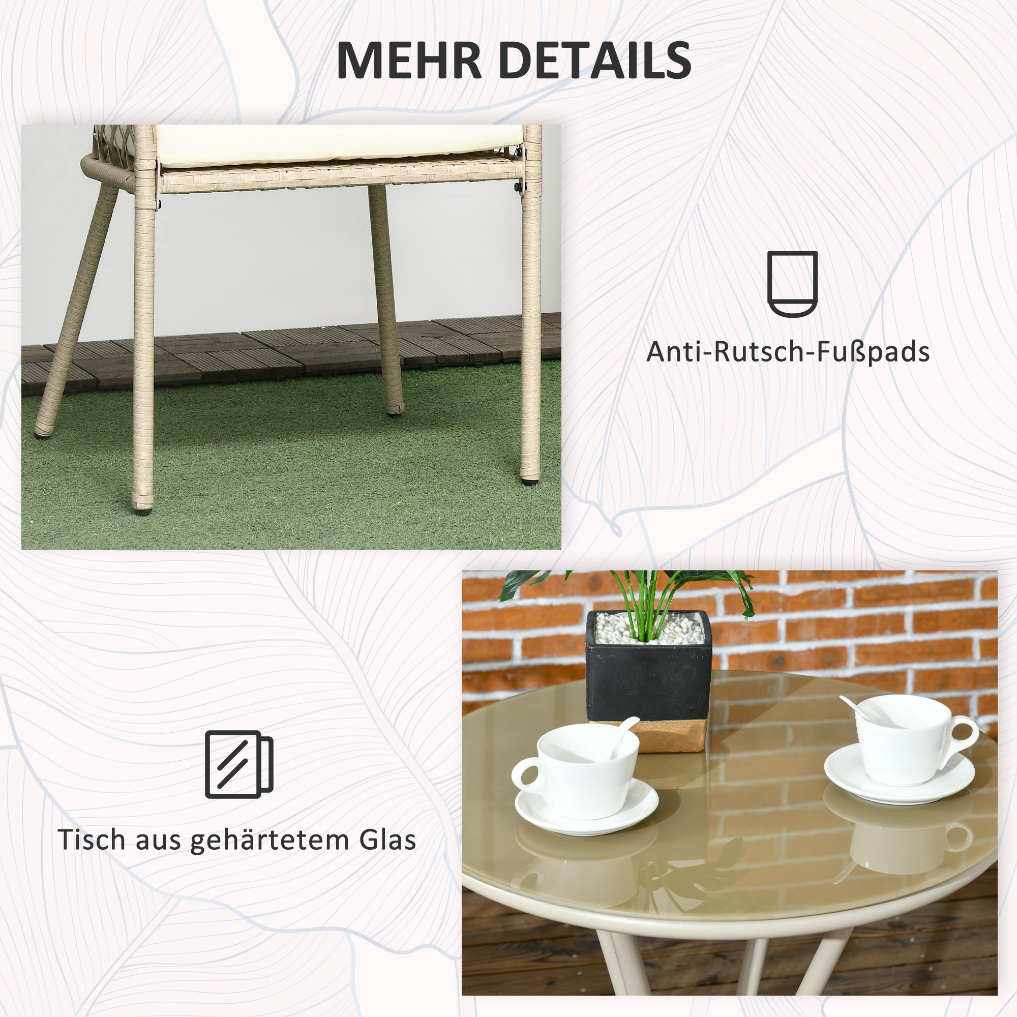 Rattan Gartenmöbel-Set, 2 Stühle und Tisch, Hartglas-Tischplatte, PE-Rattan, Sitzauflagen, Metallrahmen, Khaki