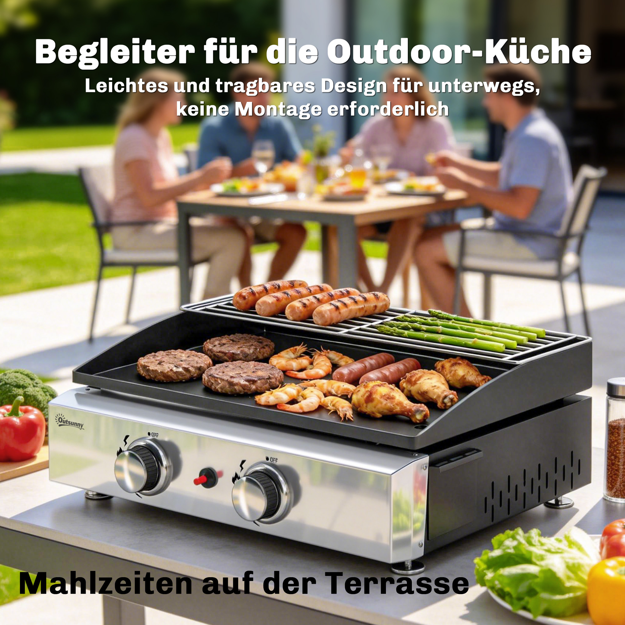 Gasgrill 5 KW Tragbarer Tischgrill mit 2 Brenner Keramische Lackbeschichtung Grillrost Warmhalterost