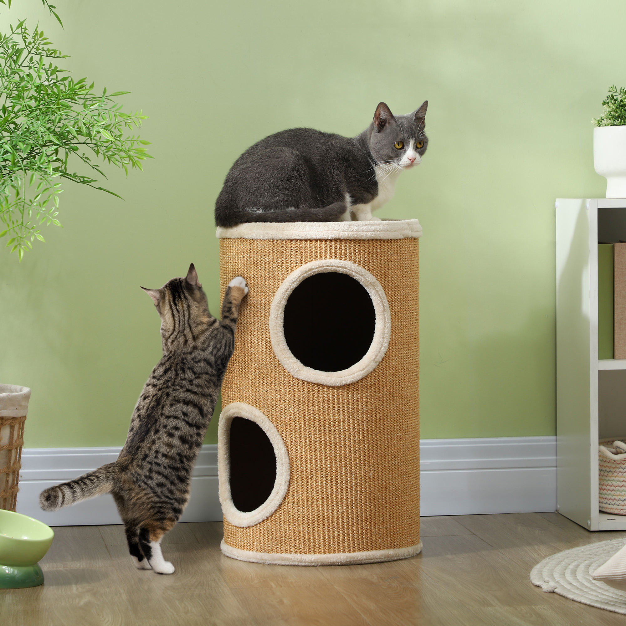 Katzenbaum mit viel Platz, Plüschbezug, Sisal-Oberfläche, ?35 x 60H cm, Braun-Beige, 10 kg