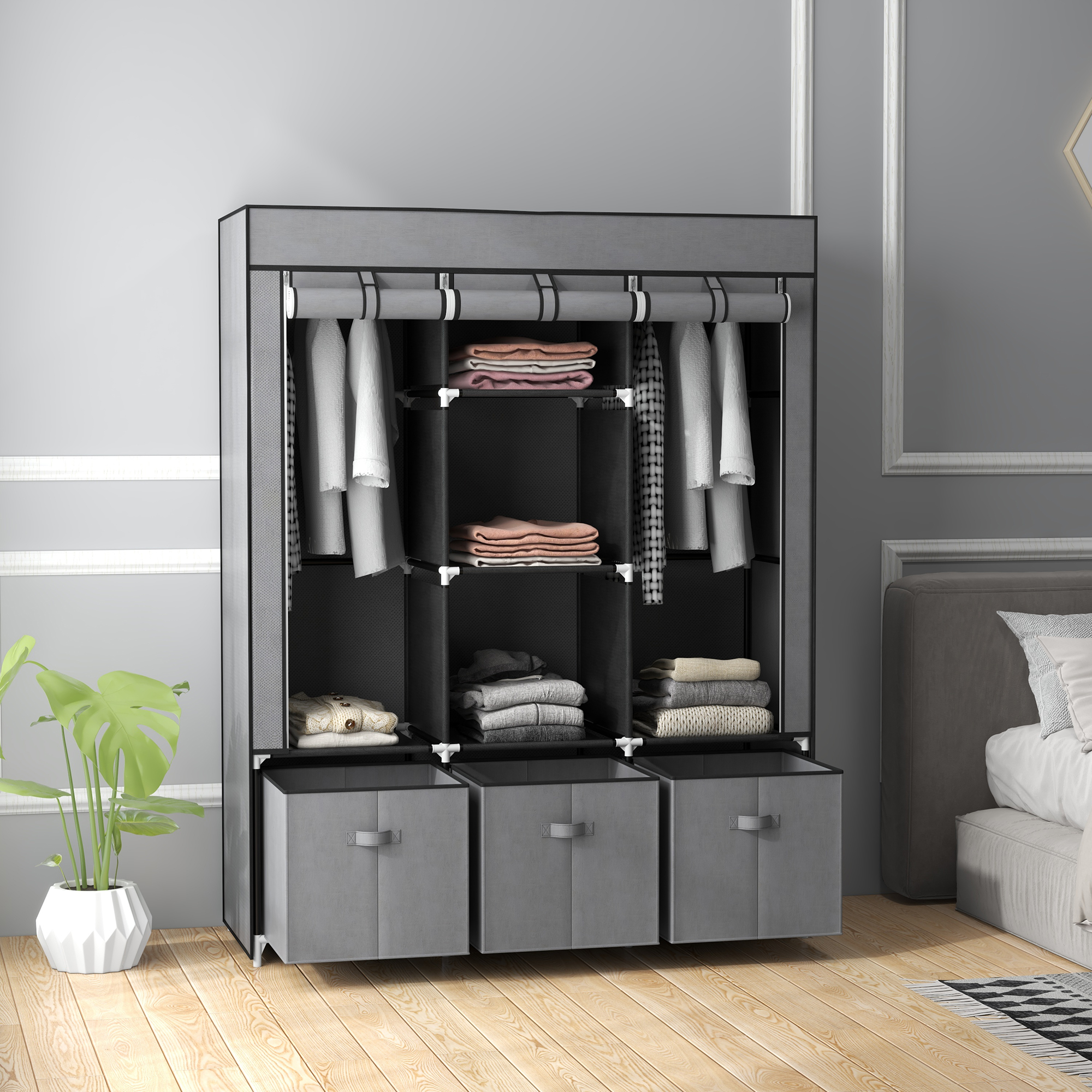 Stoffschrank aus Vlies, Faltschrank, inkl, 3 Schubladen, 125 cm x 43 cm x 162,5 cm, Grau