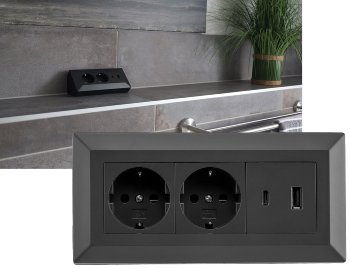2-fach Steckdosenblock, USB-A+C, schwarz / 250V~/ 16A, Aufbaumontage, USB 3,1A, PD