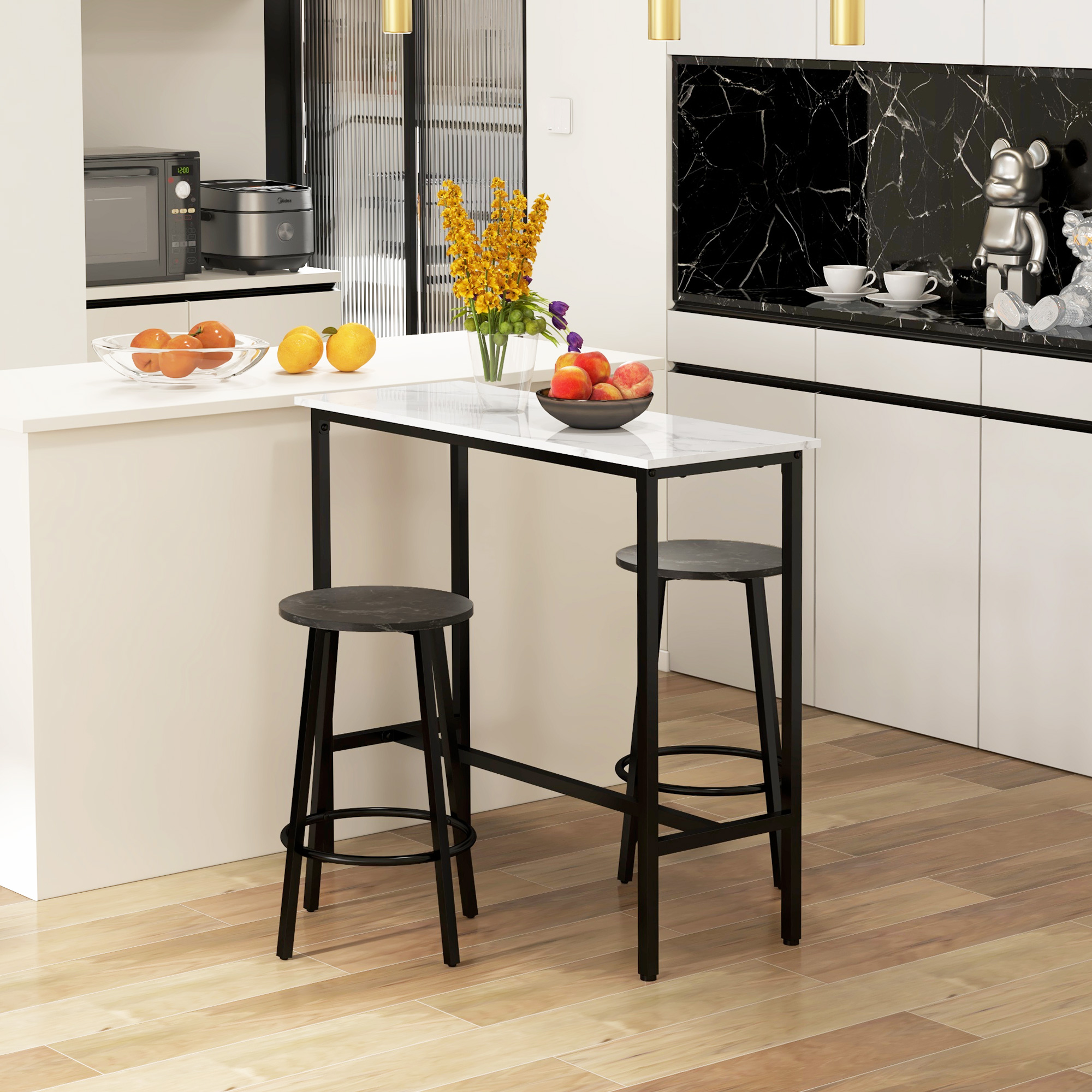 Bar-Set für 2 Personen, 1 Tisch mit 2 Barhockern, Tischplatte in weißer Marmoroptik, Stahlrahmen
