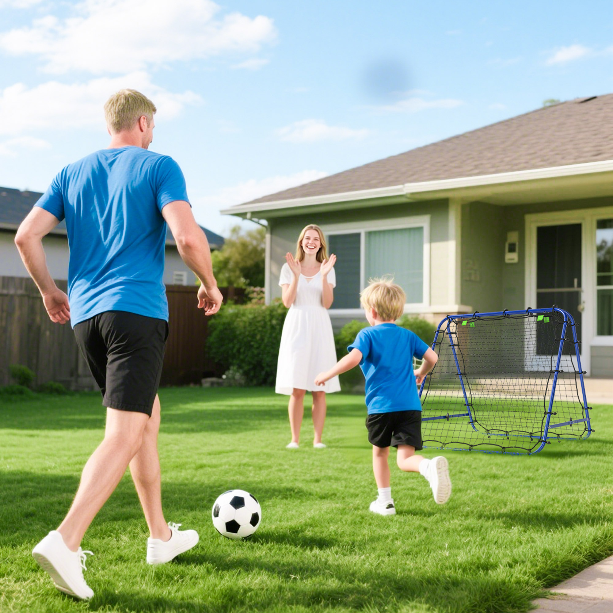 Doppelseitige Rebounder für Fußball, verstellbar Prellwand mit 5 Winkelpositionen Rückprallwand Netz, 100 x 68-95cm Kickback Tor für Jugendliche, Rückprallwand für Handball Training, Blau