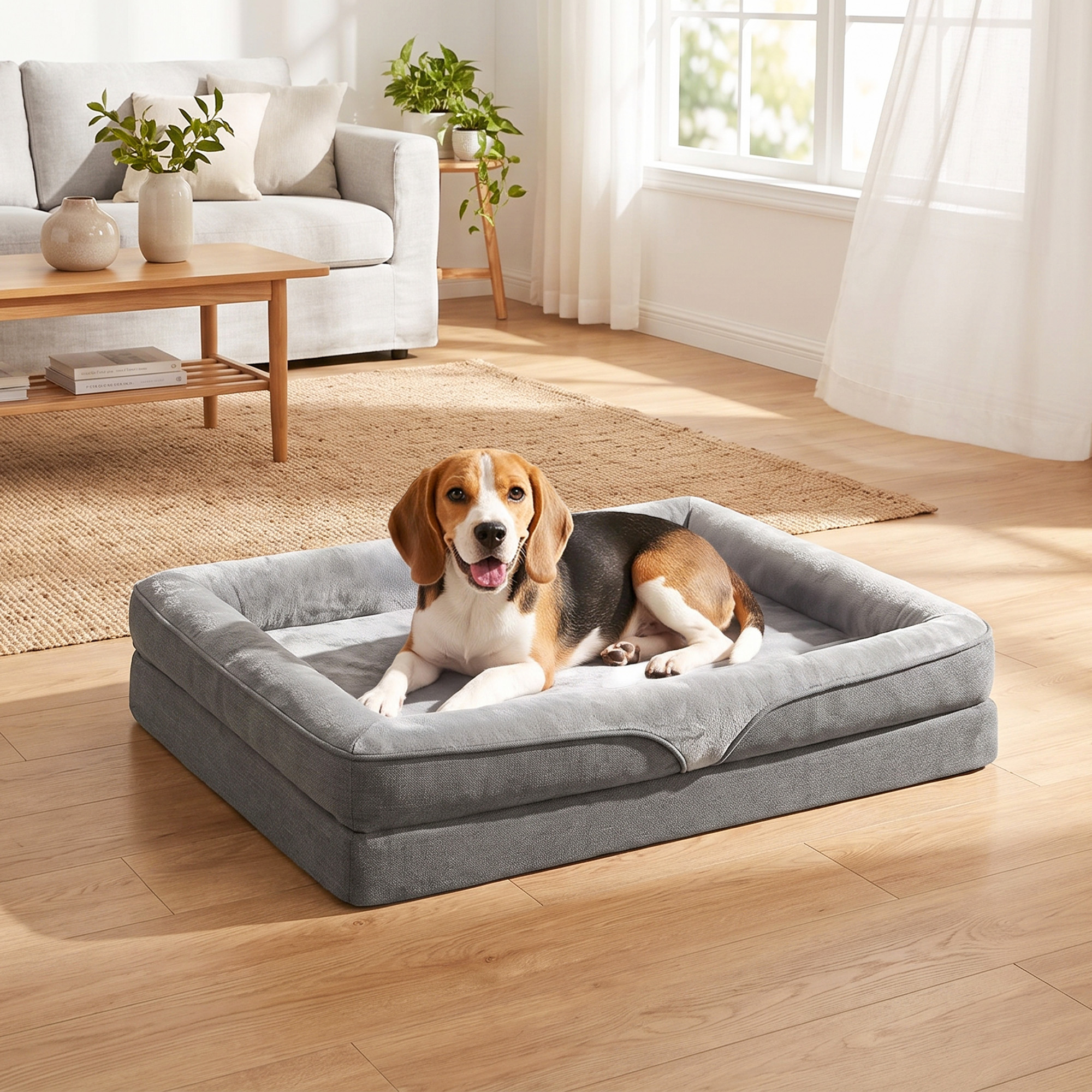 Hundebett mit Erhöhte Ränder rutschfester Unterseite Leinenoptik Waschbar Hundekissen spritzwasserabweisend 91x68x16cm