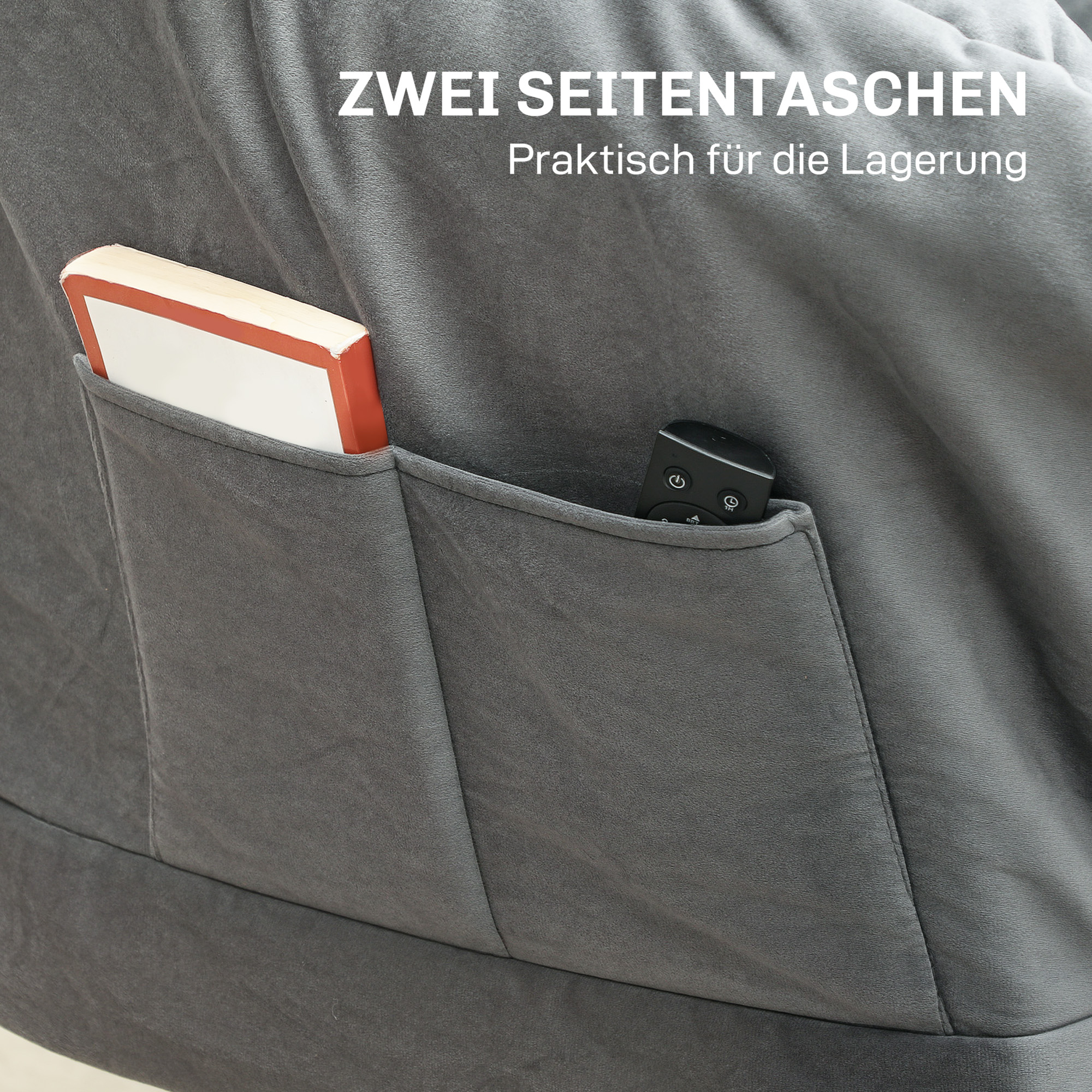 Moderner Akzentstuhl, Polsterstuhl mit Stahlbeinen und Seitentaschen, für Wohnzimmer, Schlafzimmer, Grau